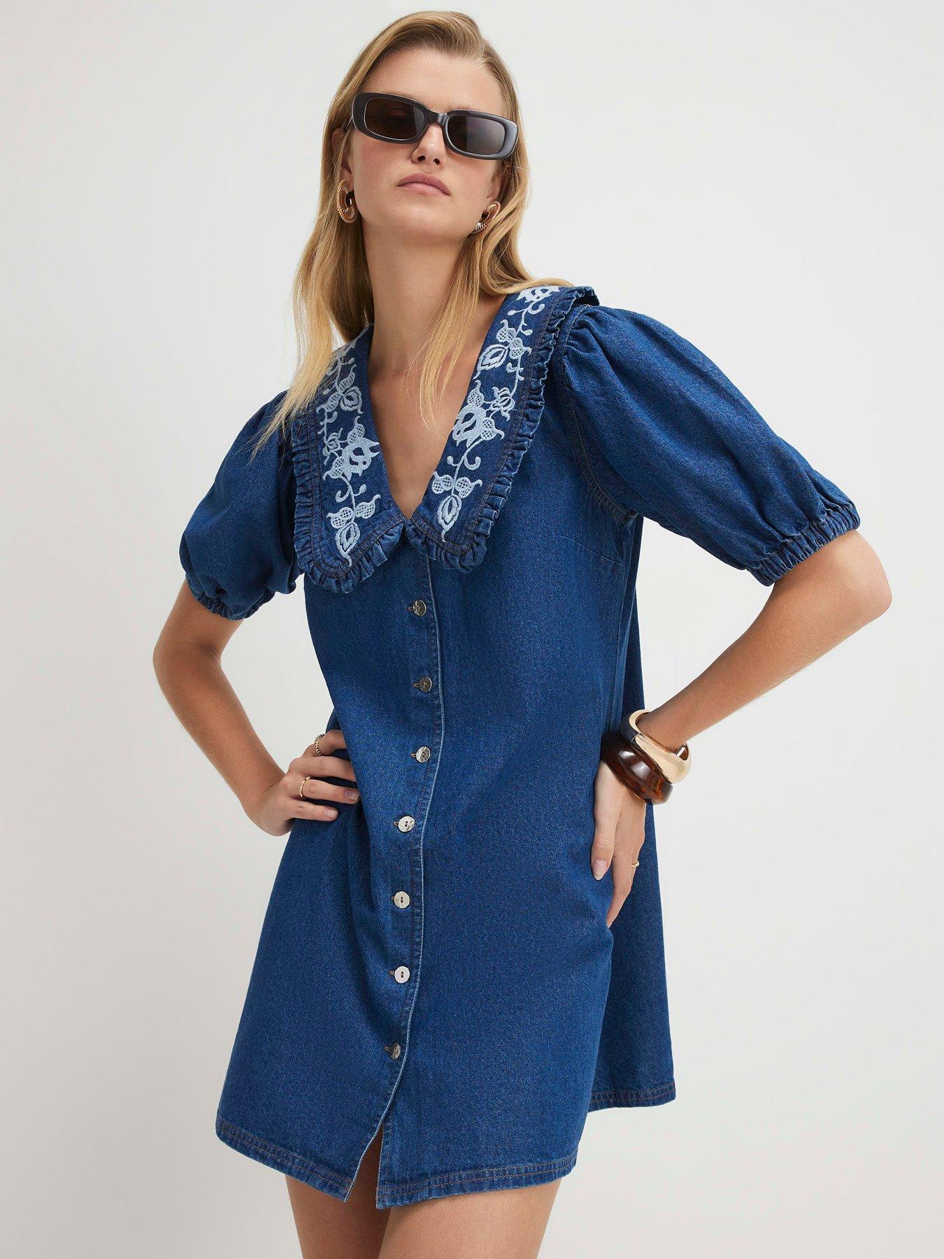 River Island Short Sleeve Pippa Collared Shirt Dress - Blue