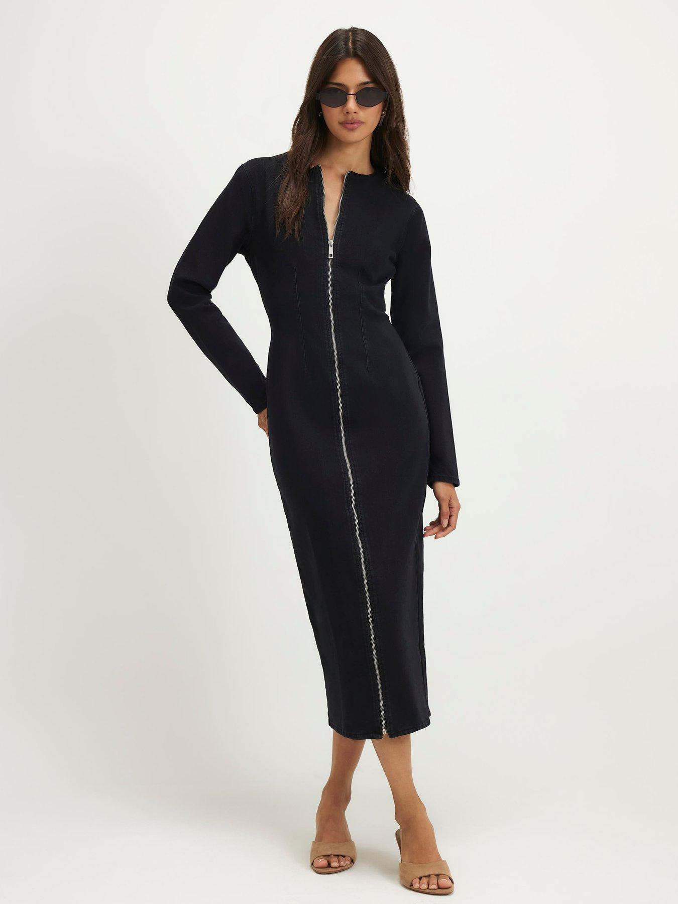 River Island Zip Through Denim Midi Dress - Black
