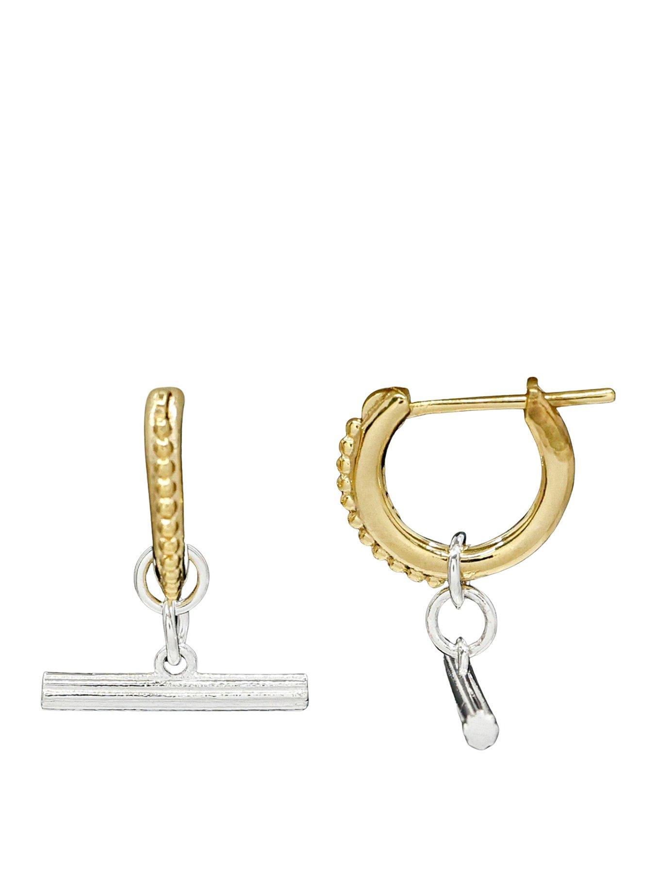 The Edit HS Edit T-BAR 18ct Yellow Gold Plate & Sterling Silver Textured T-Bar Drop Hoop Earrings