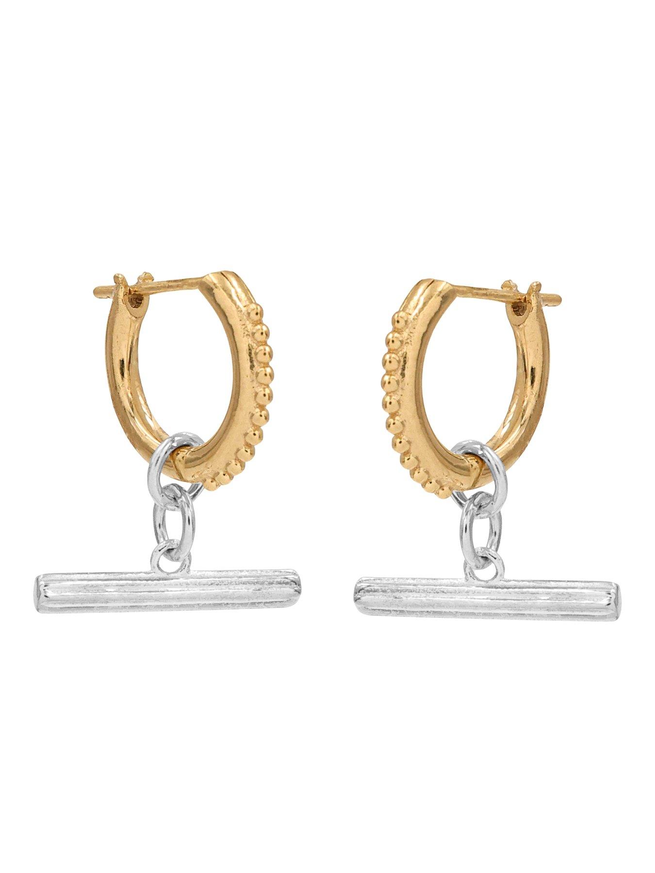 Image 2 of 3 of The Edit HS T-Bar 18Ct Plate &amp; Sterling Silver Textured T-Bar Drop Hoop Earrings - Gold