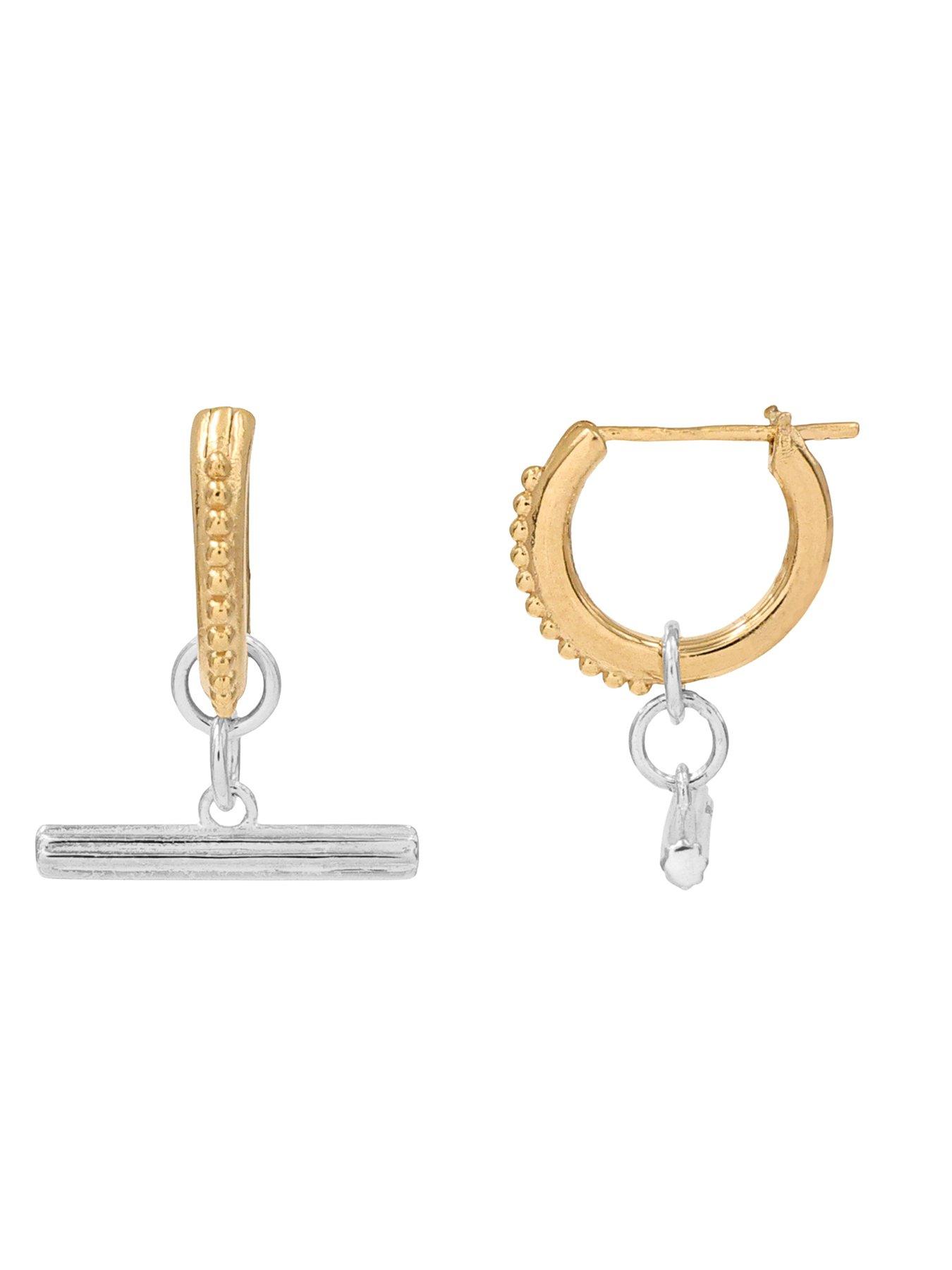 Image 3 of 3 of The Edit HS T-Bar 18Ct Plate &amp; Sterling Silver Textured T-Bar Drop Hoop Earrings - Gold