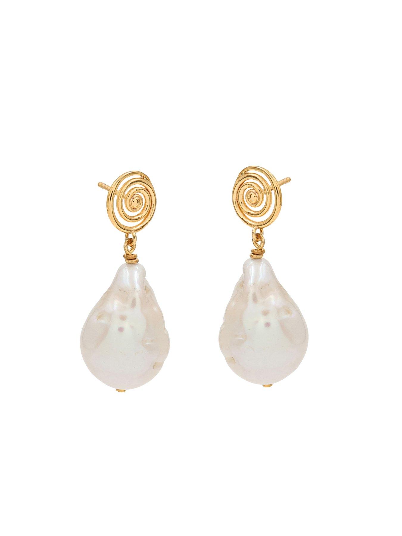 Image 2 of 4 of The Edit Hs Molten 18Ct Plated Sterling Silver Swirl Baroque Pearl Drop Earrings - Gold
