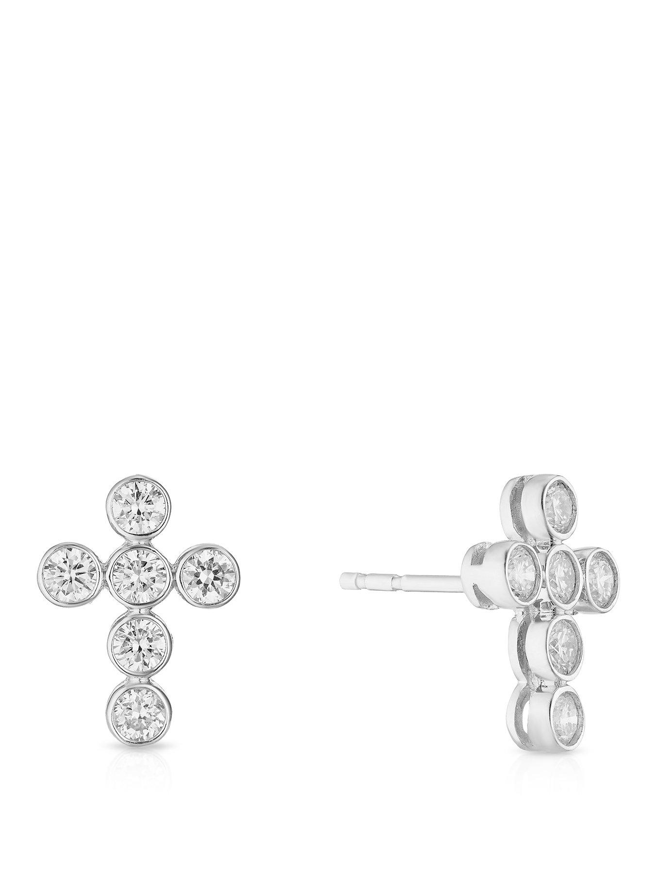 Image 1 of 6 of Harriet Sterling 0.50Ct Lab-Grown Diamond Cross Dew Stud Earrings - Silver