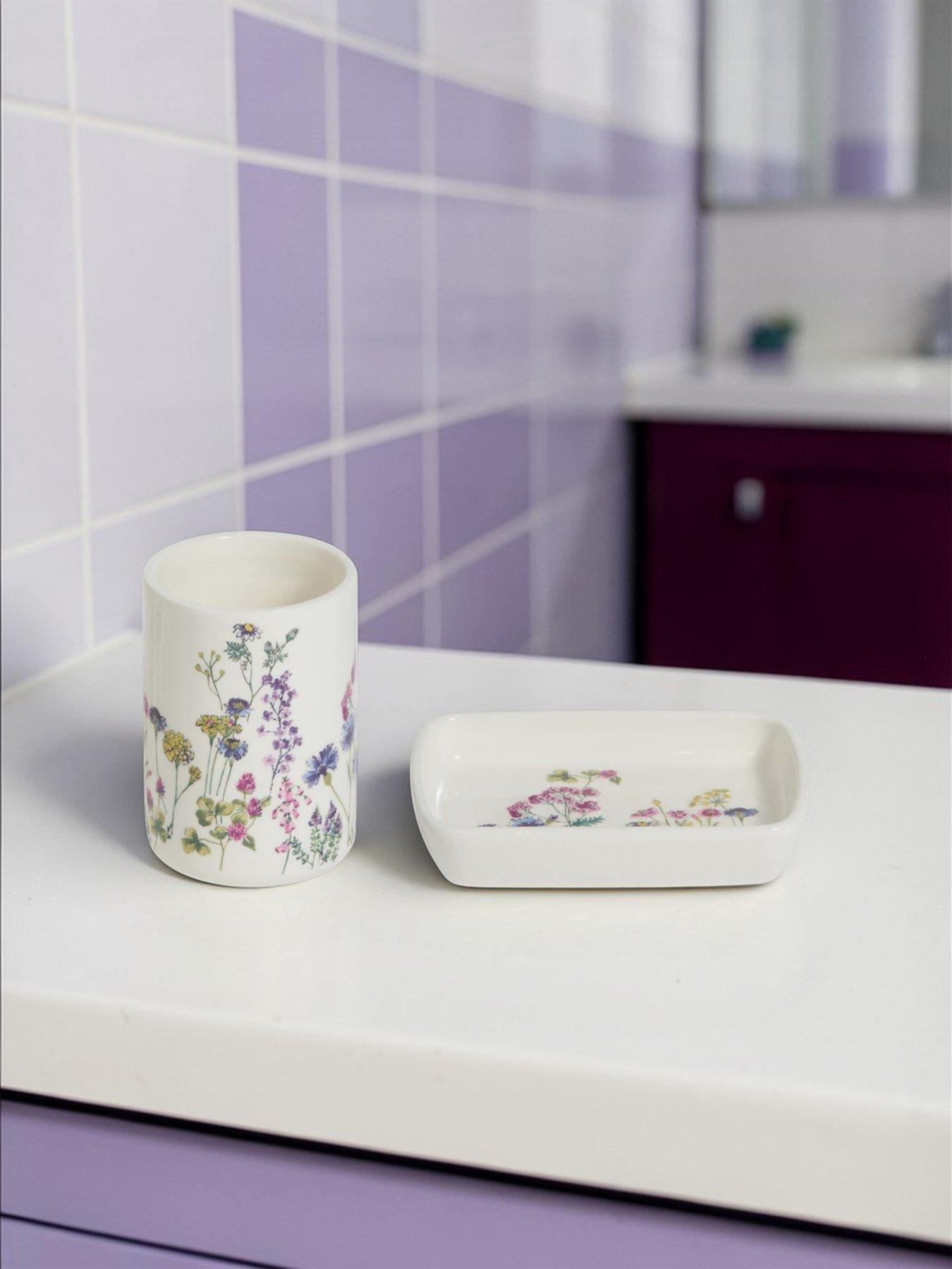 Showerdrape Meadow Wild Flowers Floral Bathroom Accessory Set - Soap Dish  &  Tumbler