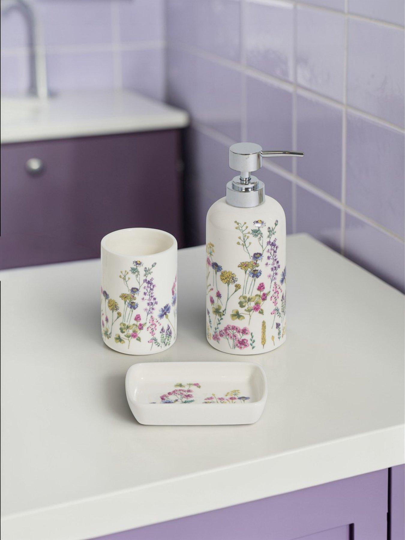 Showerdrape Meadow Wild Flowers Floral Bathroom Accessory Set - Soap Dish  &  Tumbler  &  Liquid Soap Dispenser