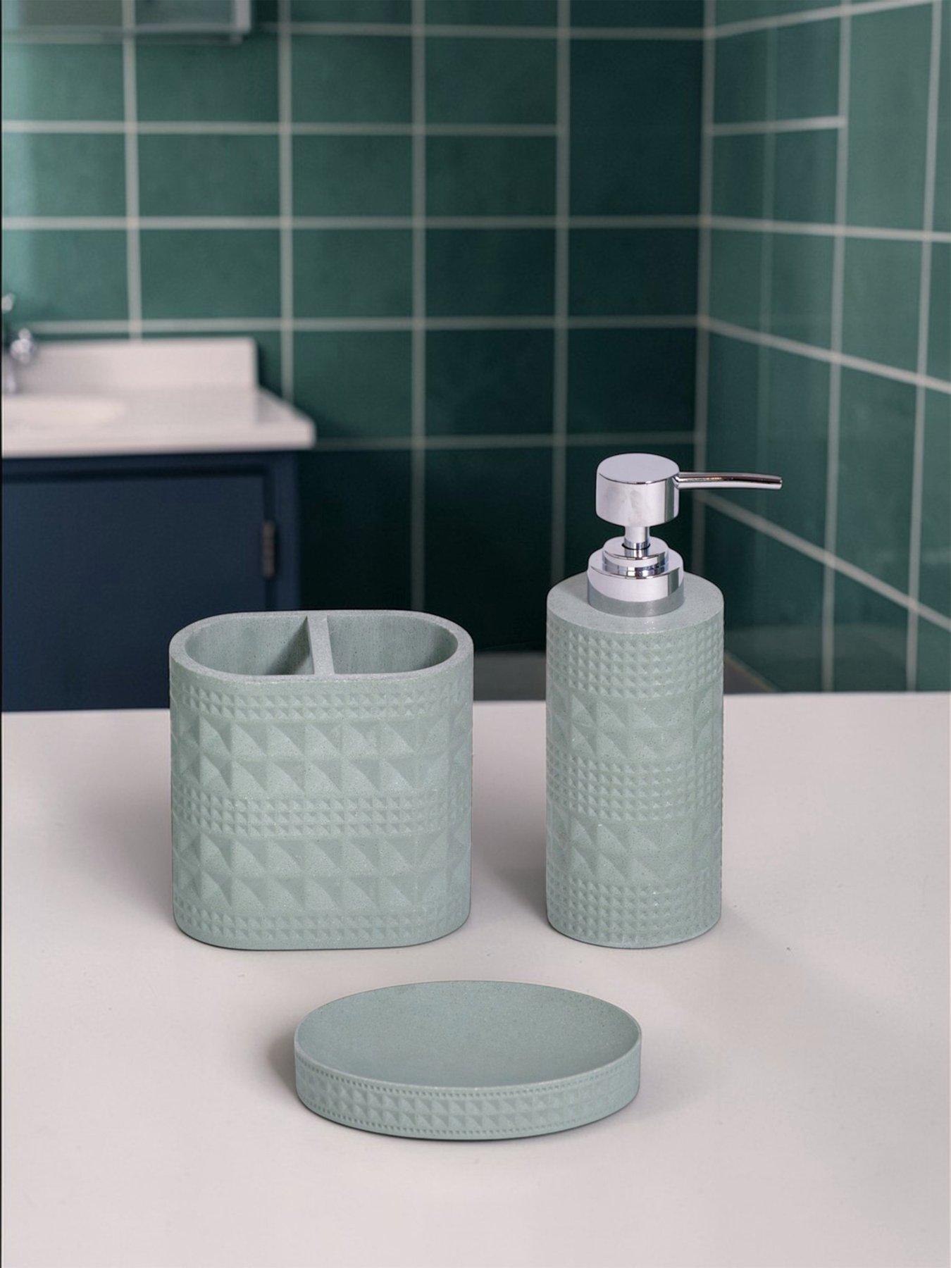 Image 1 of 5 of Showerdrape Maison Soft Green Shimmer Bathroom Accessory Set - Soap Dish &amp; Toothbrush Holder &amp; Liquid Soap Dispenser