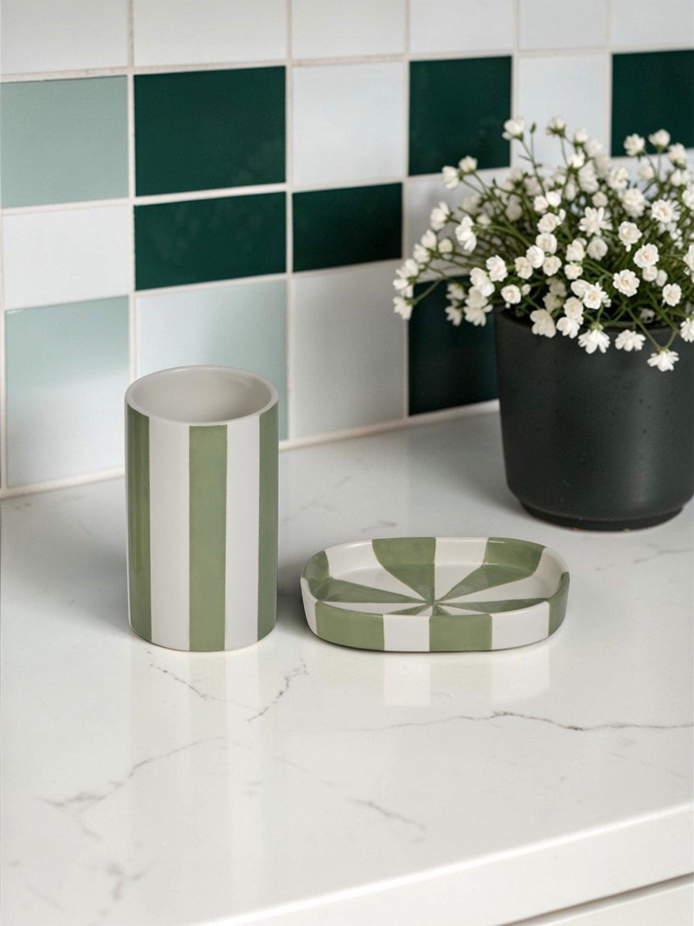 Showerdrape Pier Green  &  White Striped Bathroom Accessory Set - Soap Dish  &  Tumbler