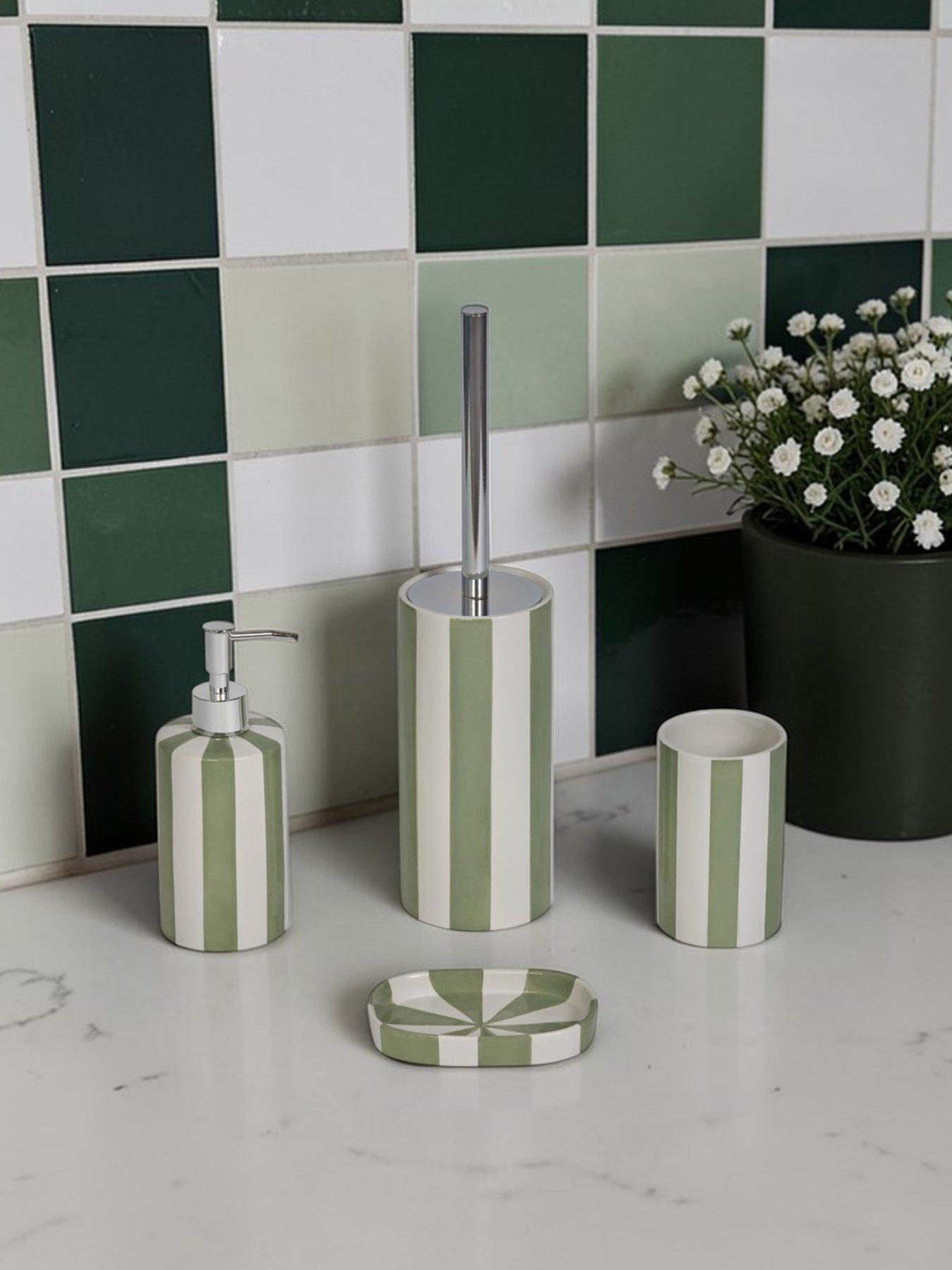 Image 1 of 7 of Showerdrape Pier Green &amp; White Striped 4 Piece Bathroom Accessory Set