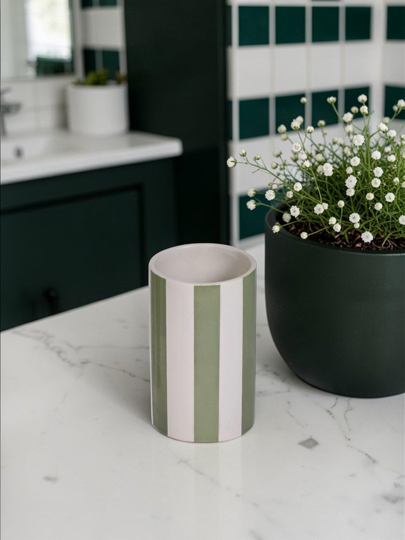Image 6 of 7 of Showerdrape Pier Green &amp; White Striped 4 Piece Bathroom Accessory Set