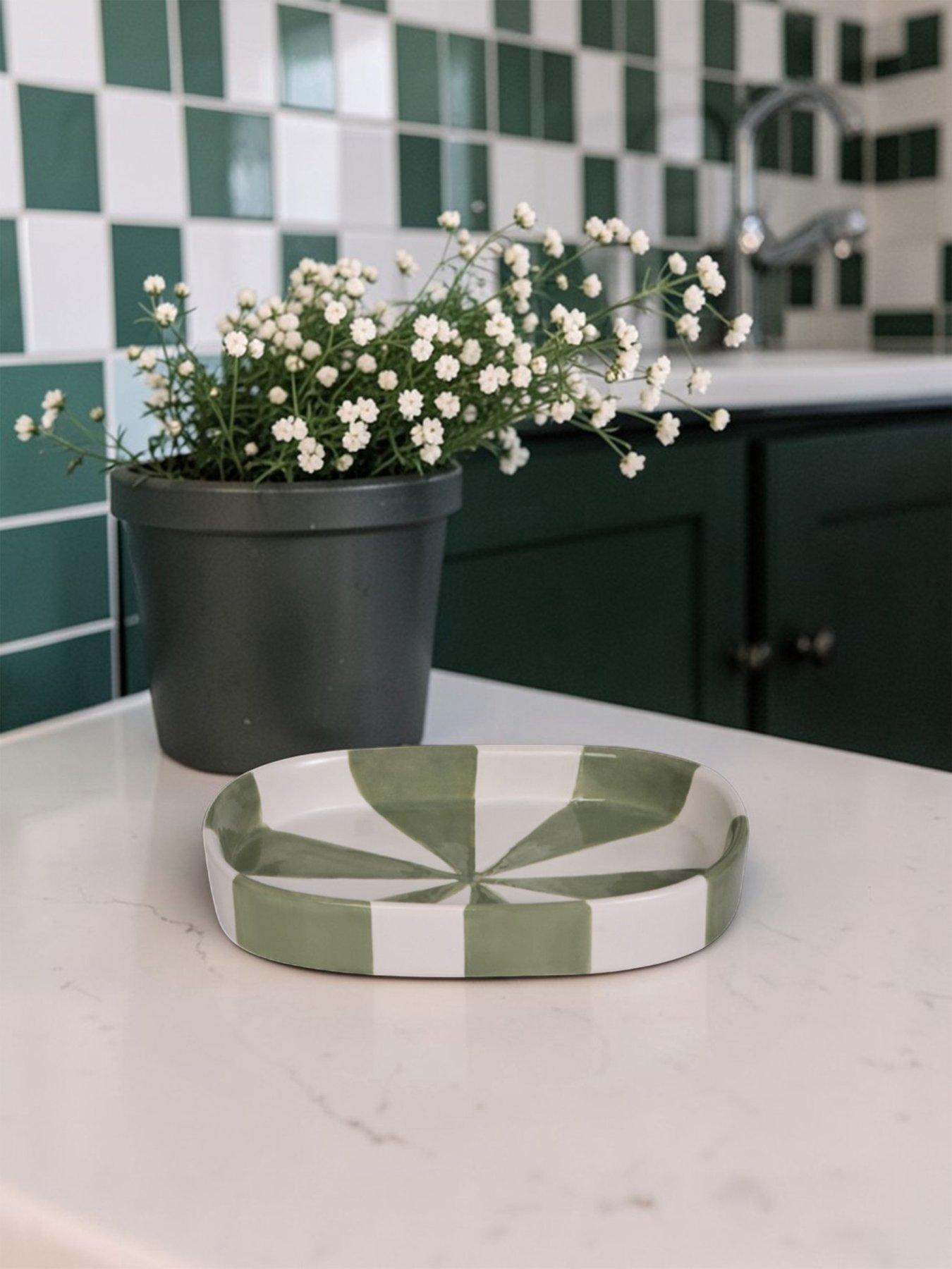 Image 7 of 7 of Showerdrape Pier Green &amp; White Striped 4 Piece Bathroom Accessory Set