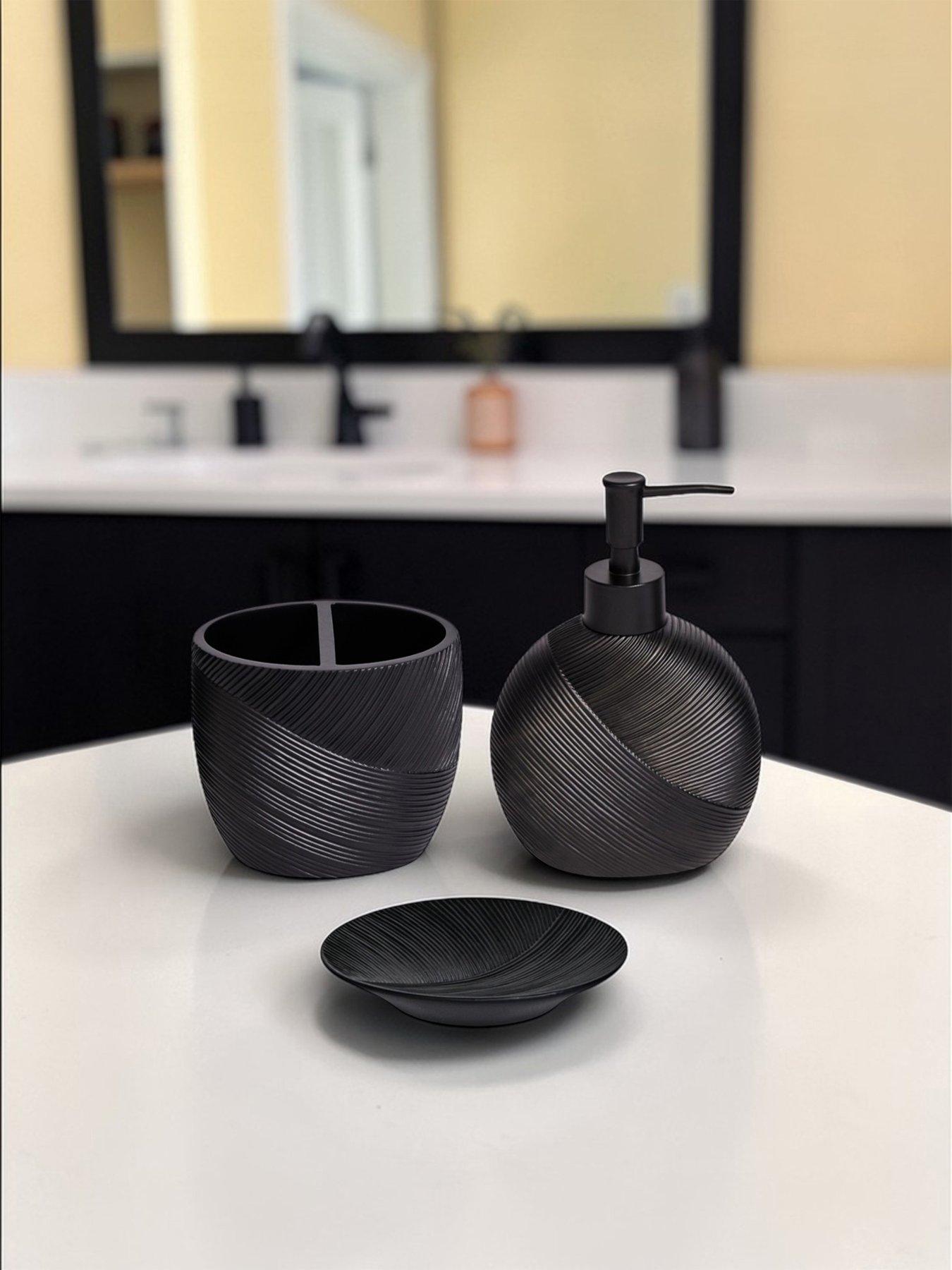 Image 1 of 5 of Showerdrape Ripple Black Textured Bathroom Accessory Set - Soap Dish &amp; Toothbrush Holder &amp; Liquid Soap Dispenser