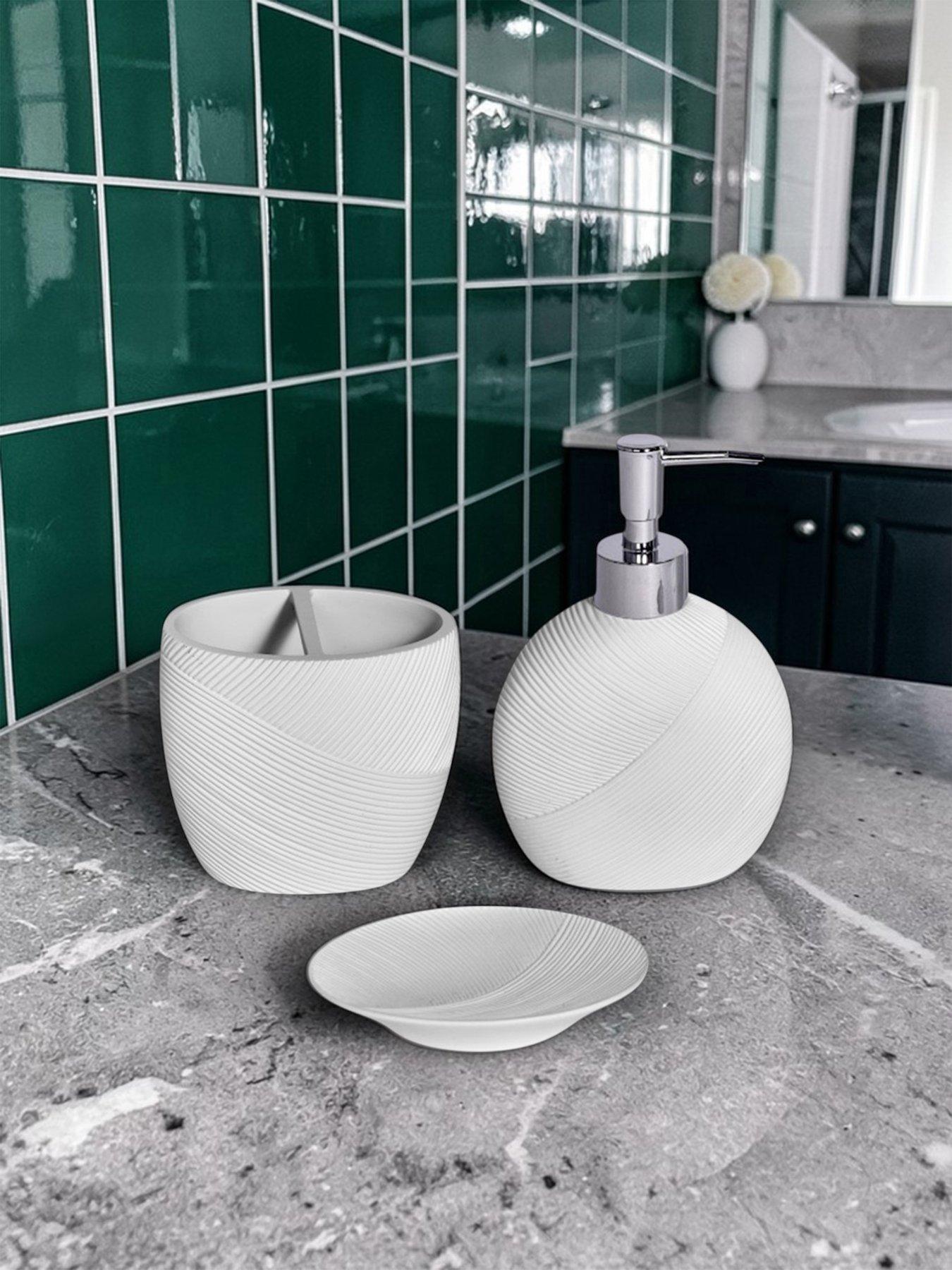 Showerdrape Ripple White Textured Bathroom Accessory Set - Soap Dish  &  Toothbrush Holder  &  Liquid Soap Dispenser