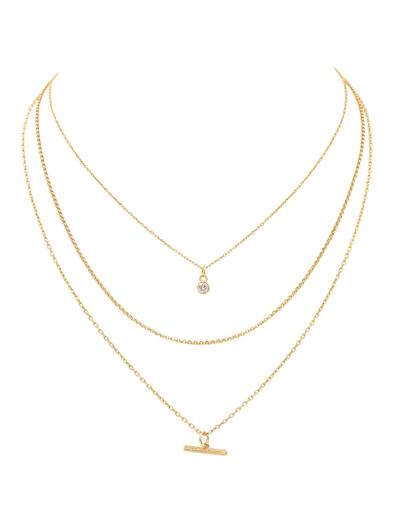 The Edit HS Edit T-BAR 18ct Yellow Gold Plated Sterling Silver Three Strand Cubic Zirconia T-Bar Necklace
