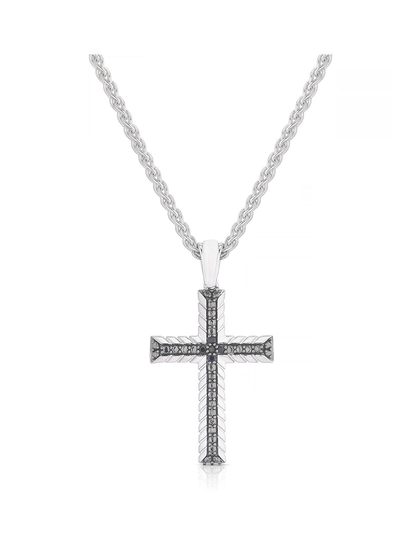 Ernest Jones Sterling  &  Black Spinel Woven Edge Cross Shaped Pendant - Silver