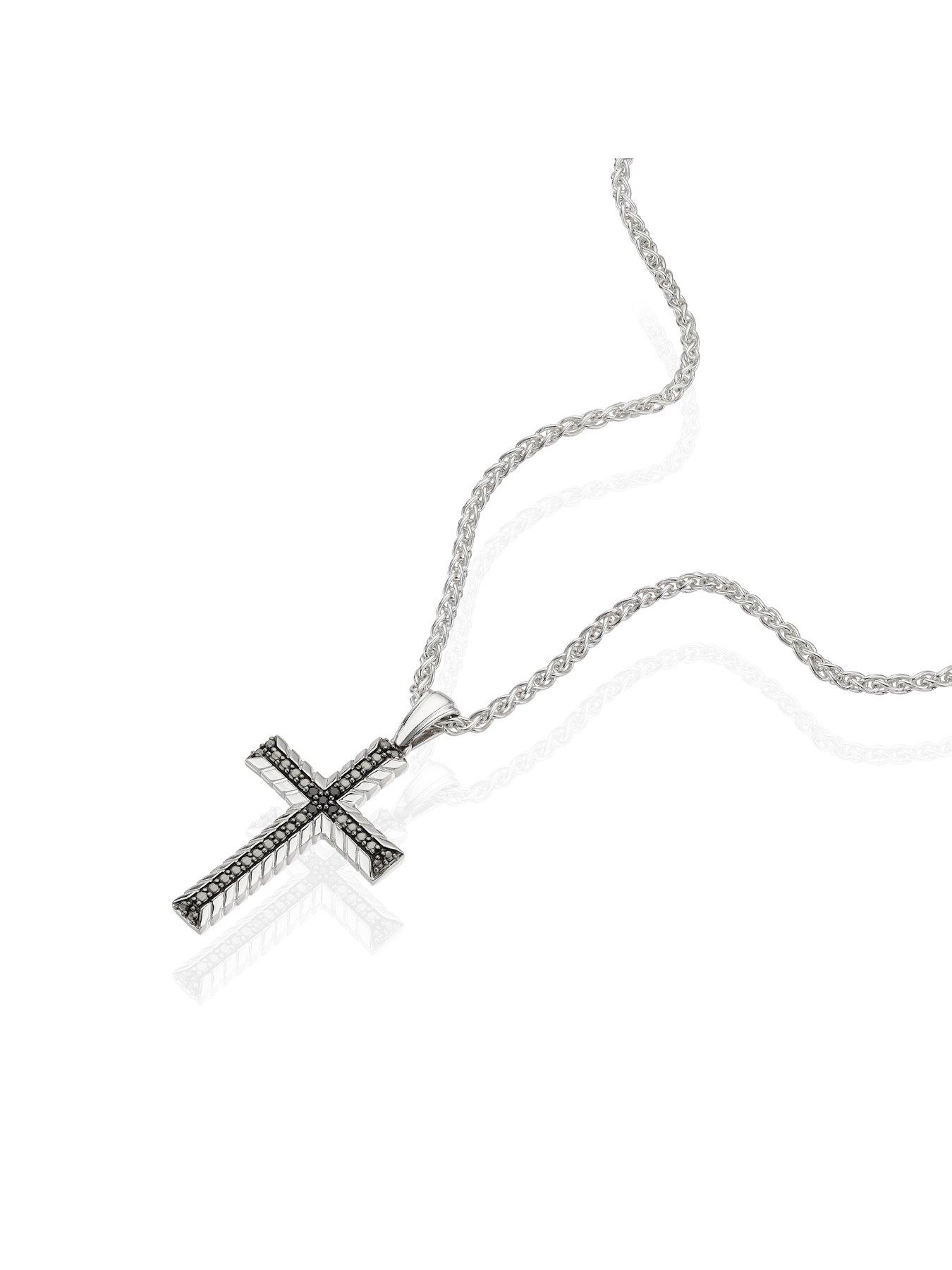 Image 2 of 3 of Ernest Jones Sterling &amp; Black Spinel Woven Edge Cross Shaped Pendant - Silver
