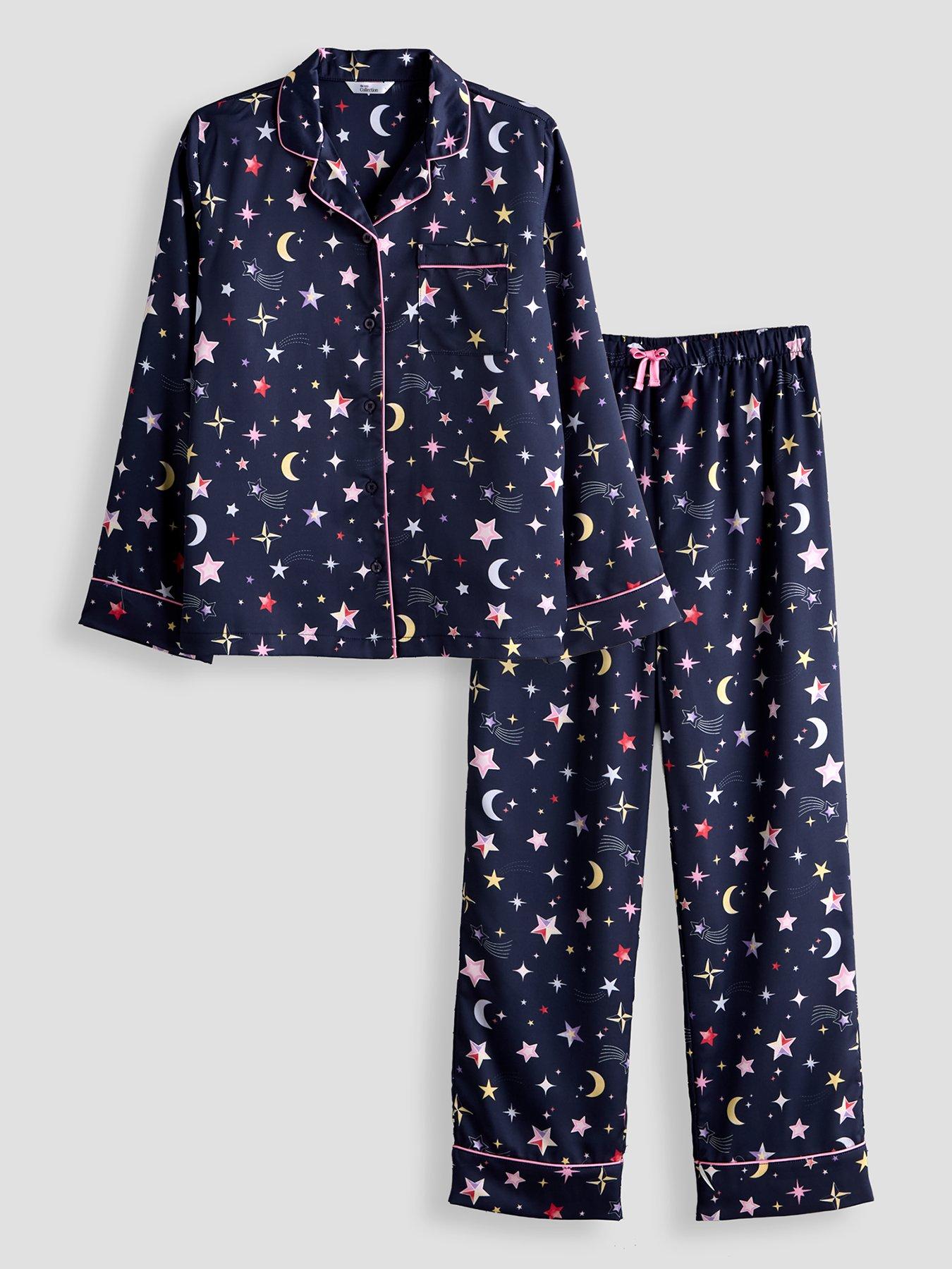 The Very Collection Girls Satin Star Print Revere Pyjama Set - Navy