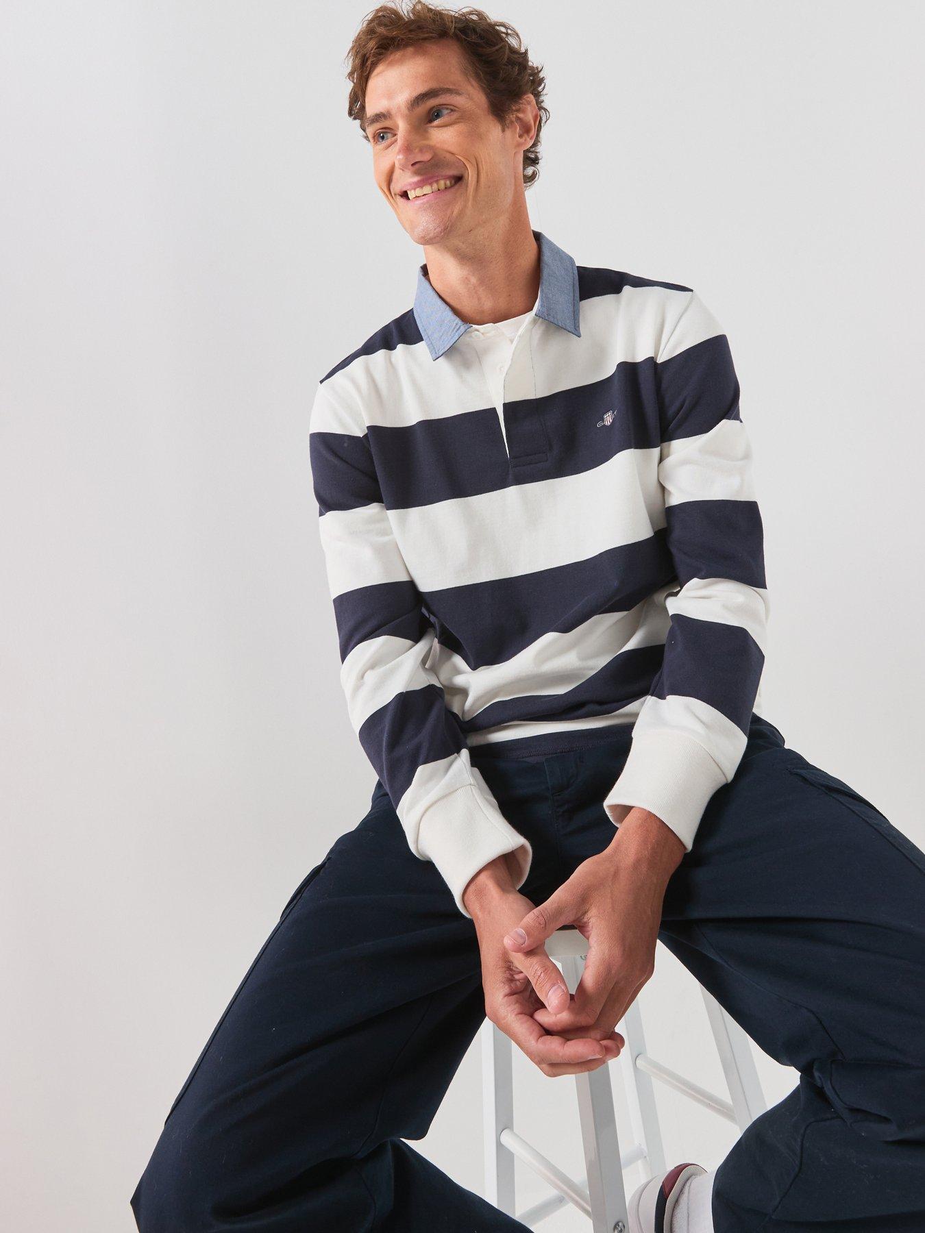 GANT Chambray Stripe Heavy Rugger Long Sleeve Polo Shirt - Off White