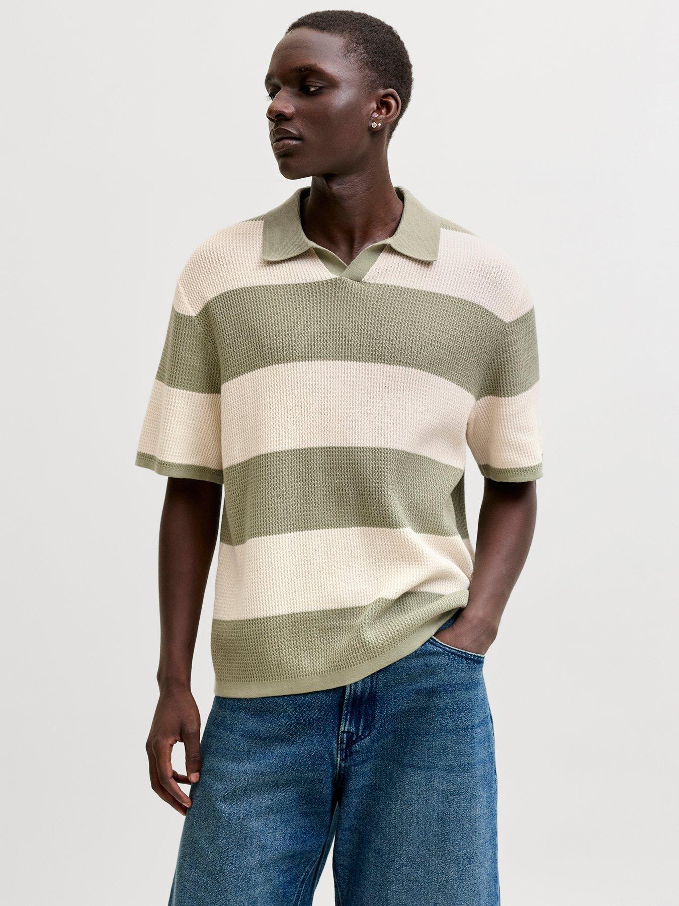 Jack & Jones Liam Stripe Split Neck Knitted Polo Shirt - Green