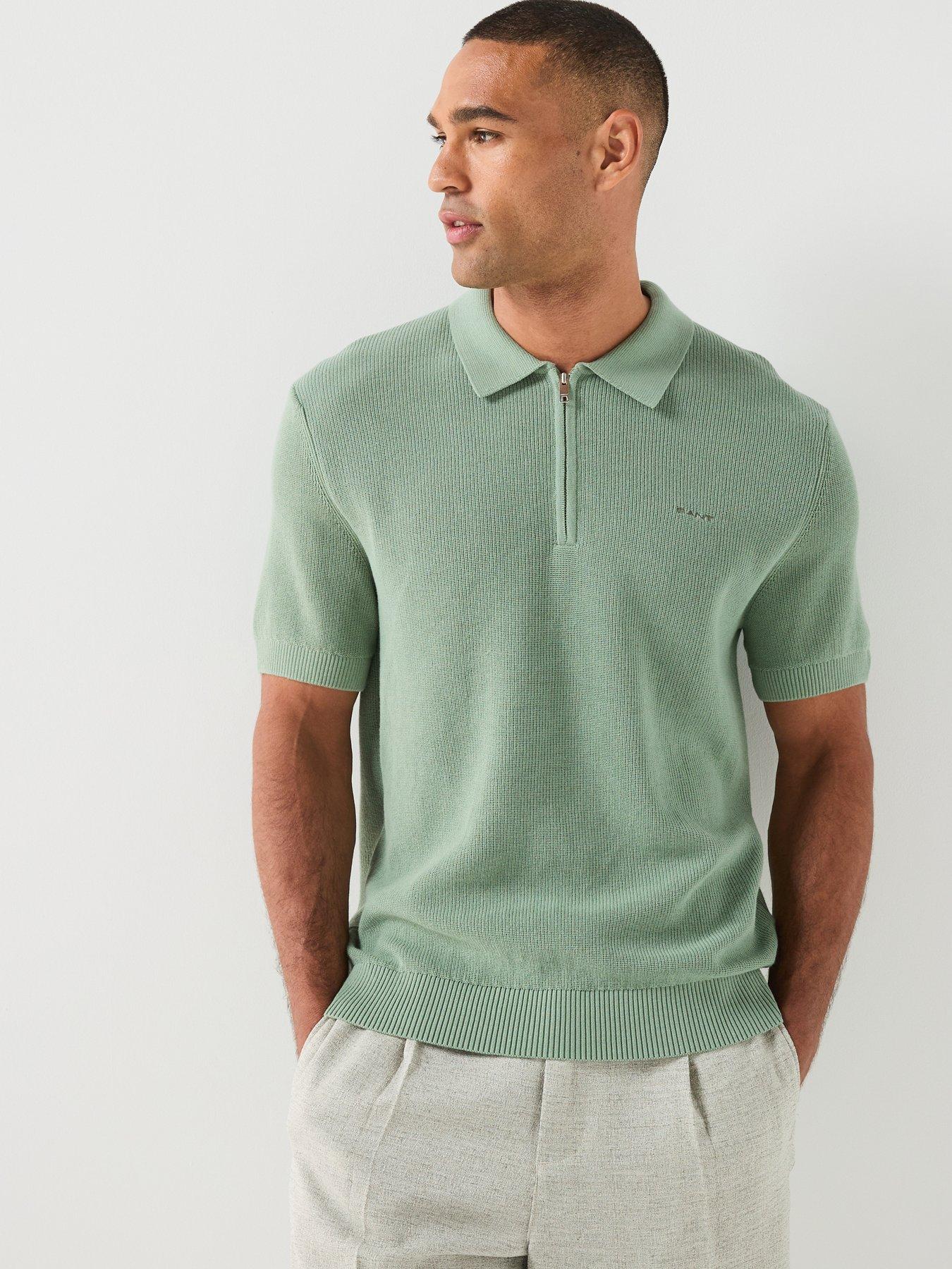 GANT Cotton Rib Zip Neck Polo Shirt - Light Green
