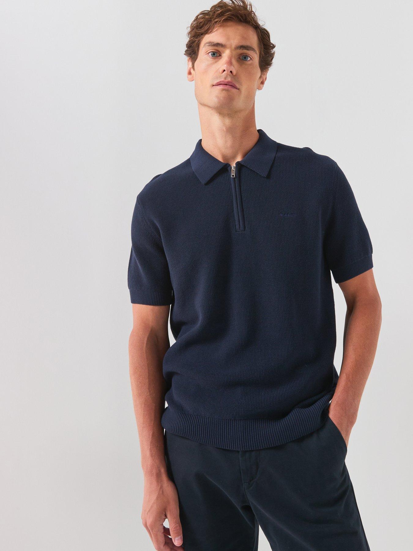 GANT Cotton Rib Zip Neck Polo Shirt - Navy