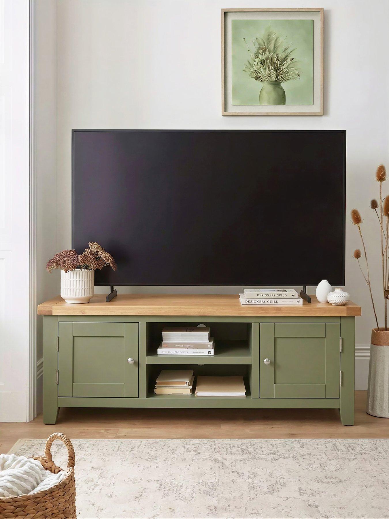 The Very Collection Hamilton Ready Assembled 2 Door TV Unit - fits up to 55 inch TV - contains Solid Wood - Green/Oak