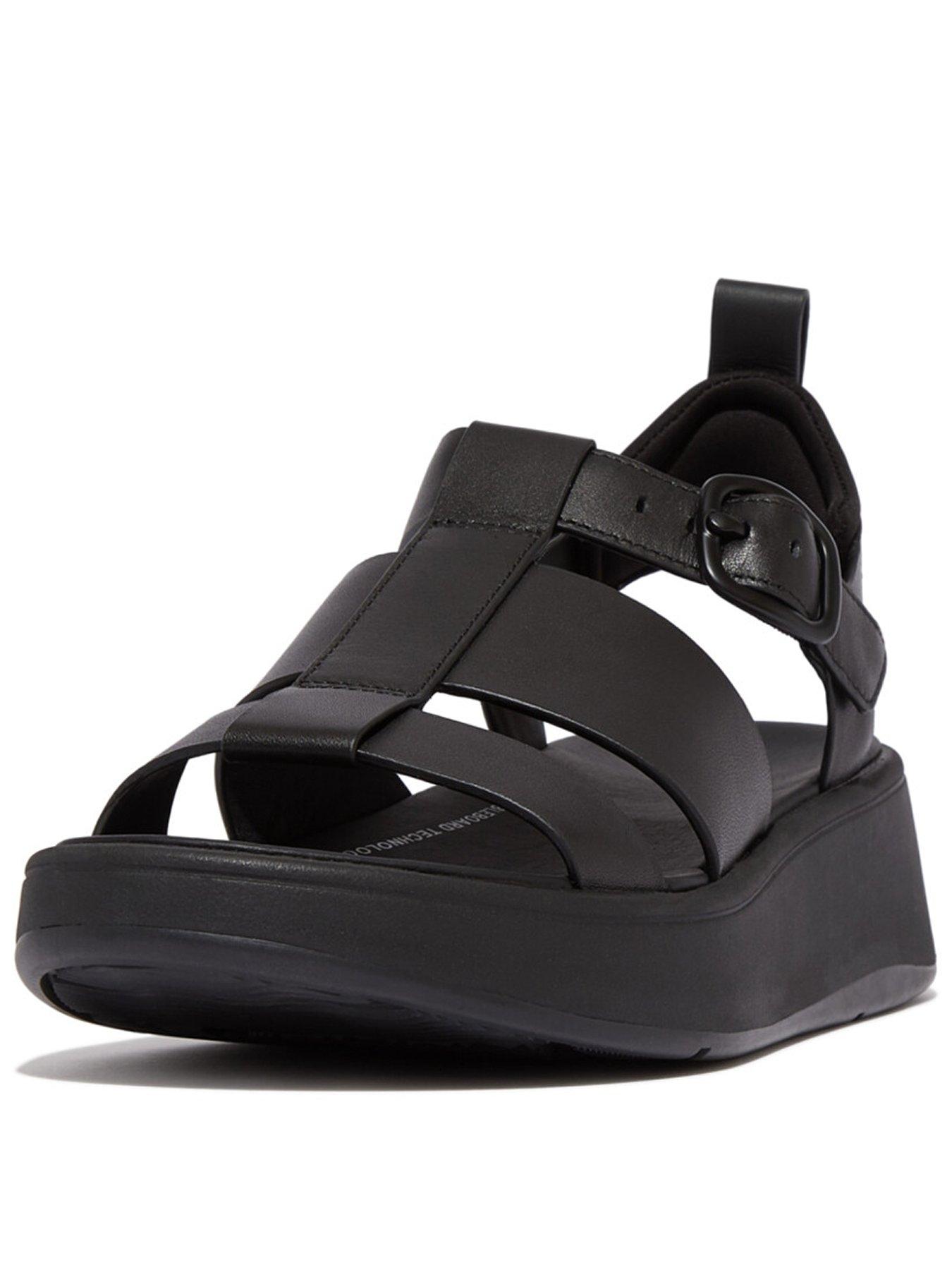 Image 1 of 5 of FitFlop F-Mode Leather Flatform Fisherman Sandals - Black