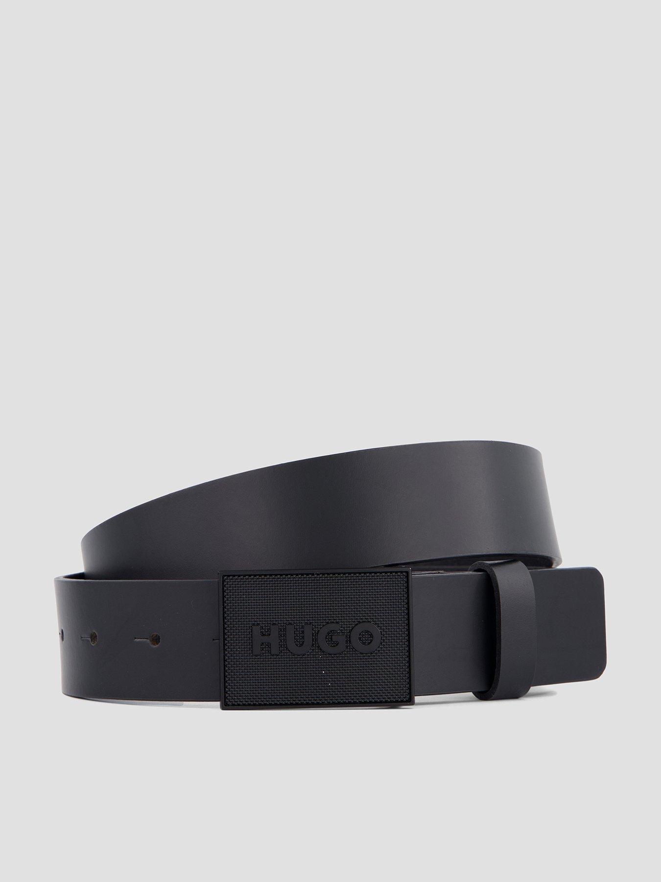 Image 1 of 4 of HUGO Gethon Tonal Plaque Leather Belt - Black