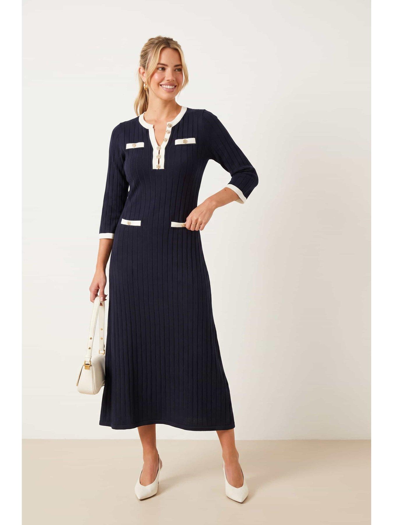 Style Cheat Contrast Ribbed Knit Midi Dress - Navy