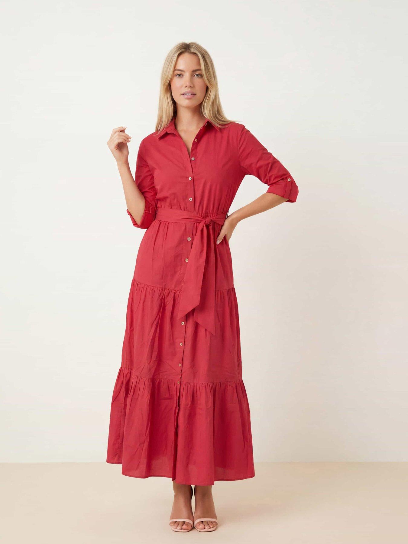 Style Cheat Red Cotton Tiered Shirt Dress