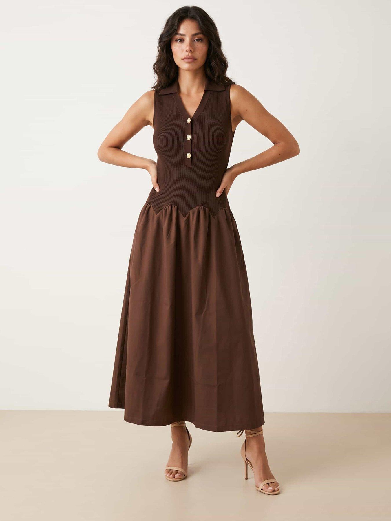 Style Cheat 2-In-1 Knit Bodice Compact Full Skirt Dress - Brown