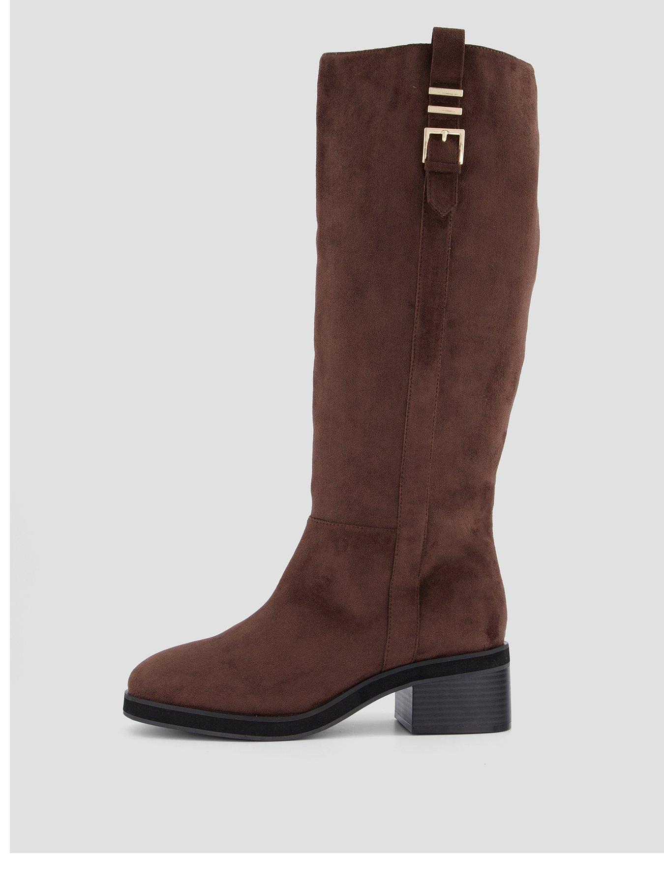 The Very Collection Knee High Boots with Buckle Trim and Low Block Heel - Brown