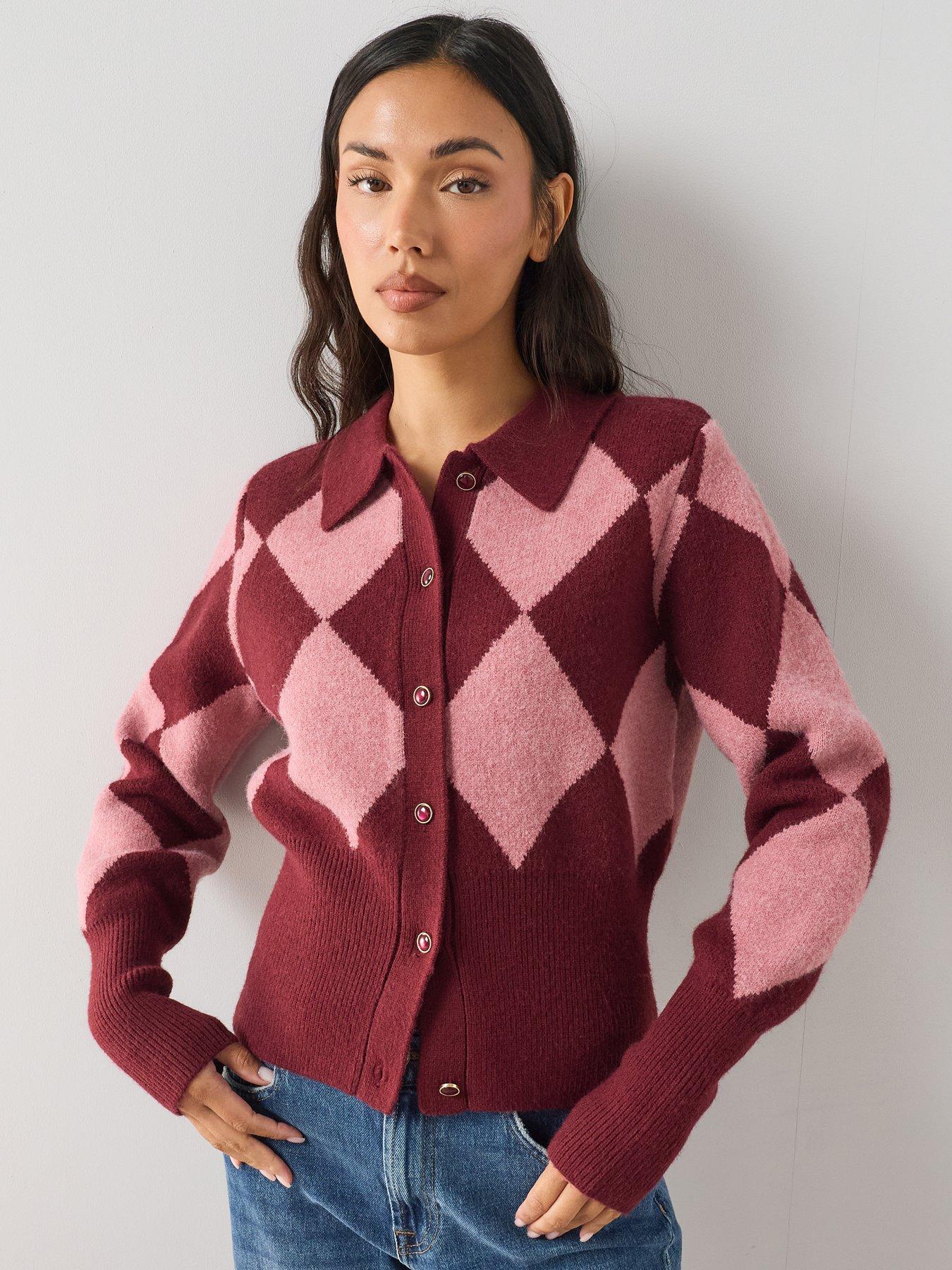 The Very Collection Collared Neck Argyle Cardigan - Pink  &  Burgundy