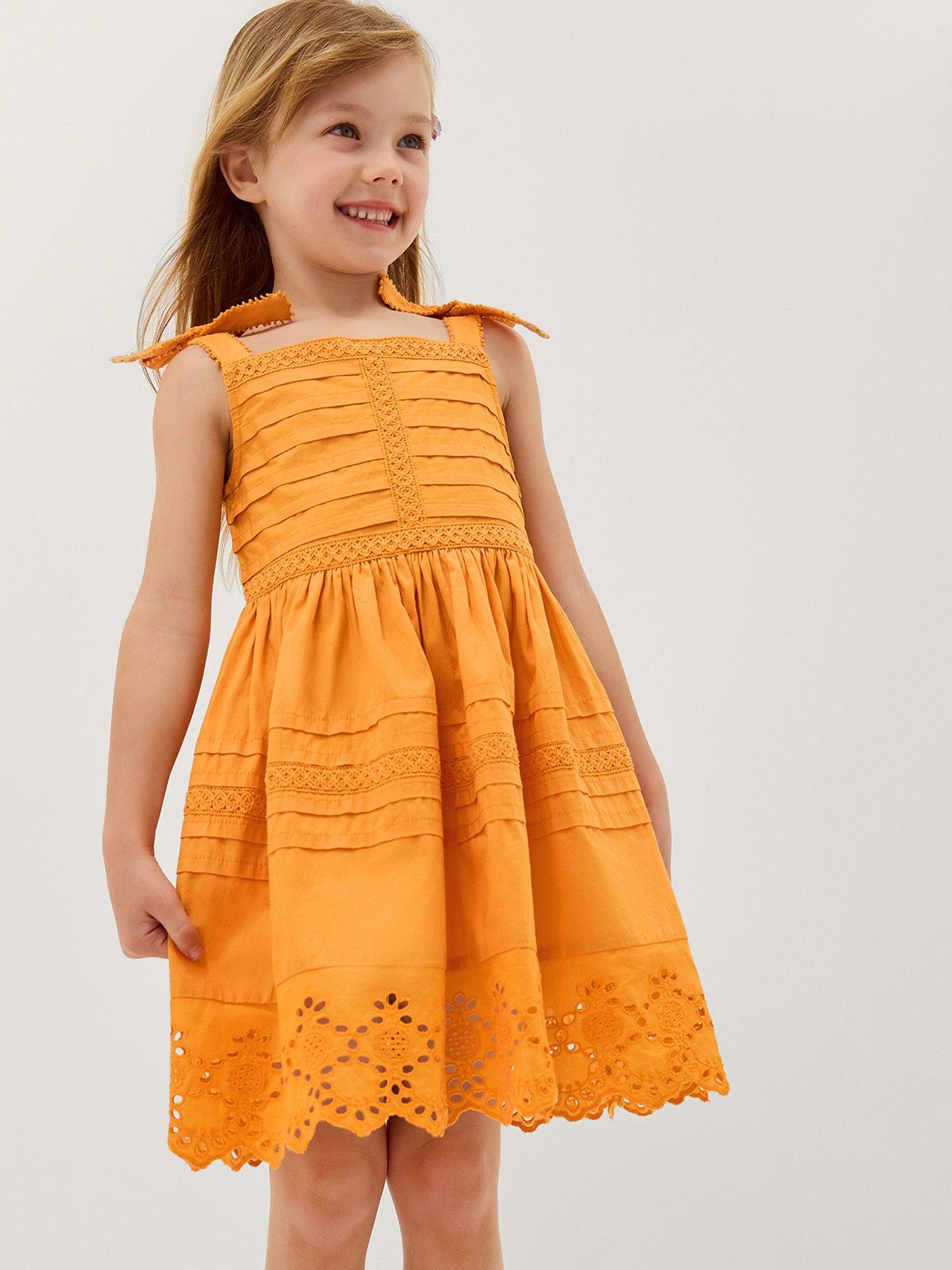 Monsoon Girls Poplin Pleat Dress - Orange