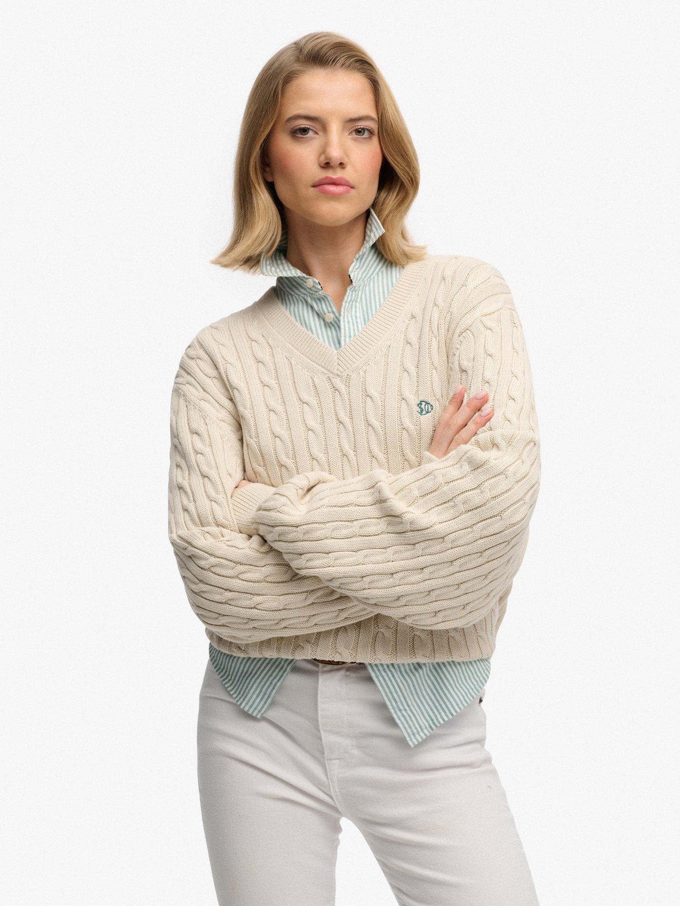 Image 1 of 5 of Superdry Oversized Cable V Neck Jumper - Beige