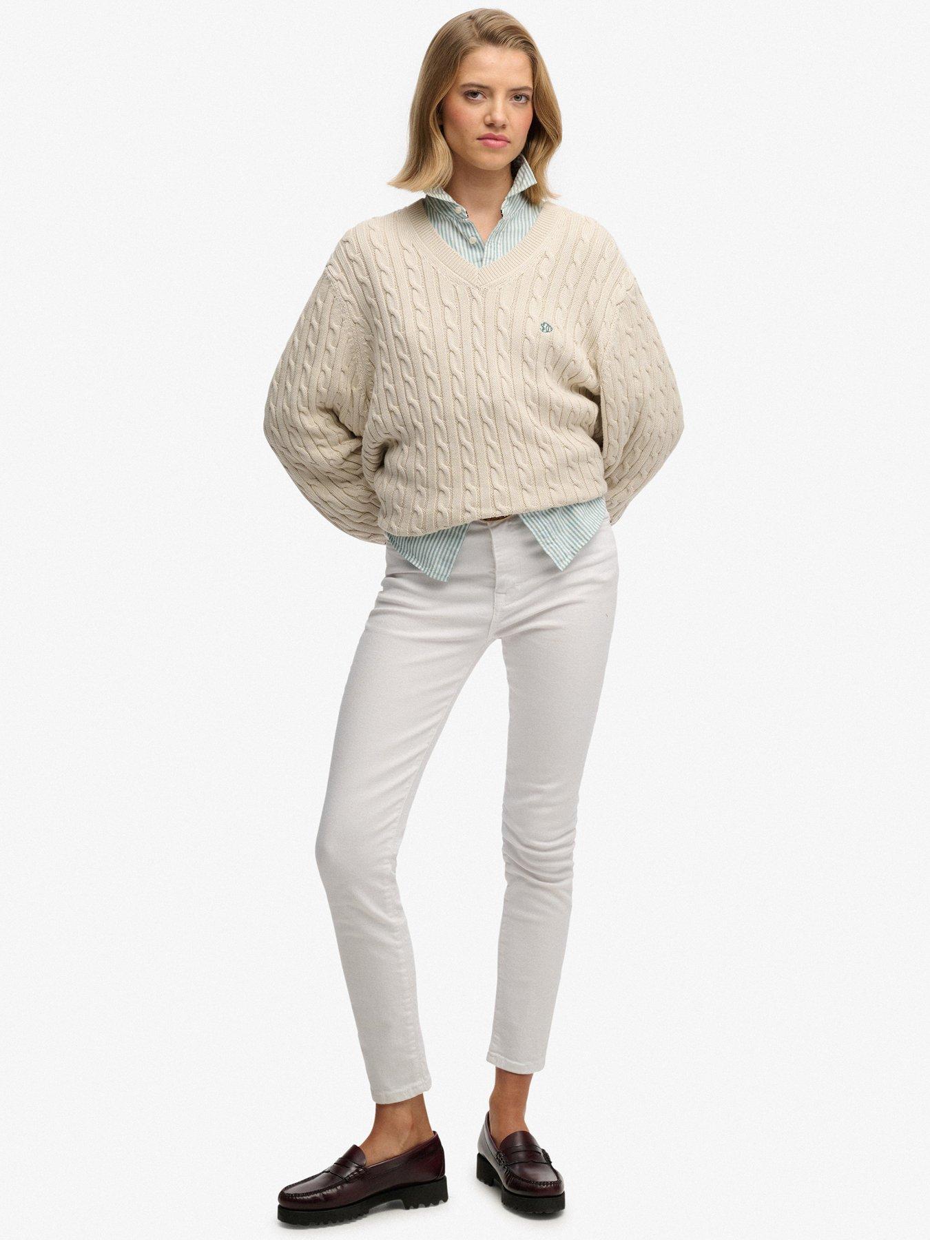 Image 3 of 5 of Superdry Oversized Cable V Neck Jumper - Beige