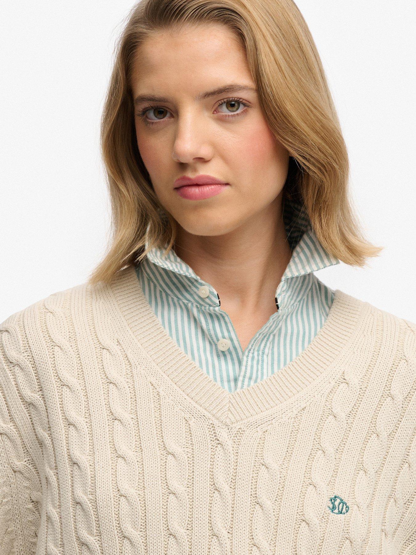 Image 4 of 5 of Superdry Oversized Cable V Neck Jumper - Beige