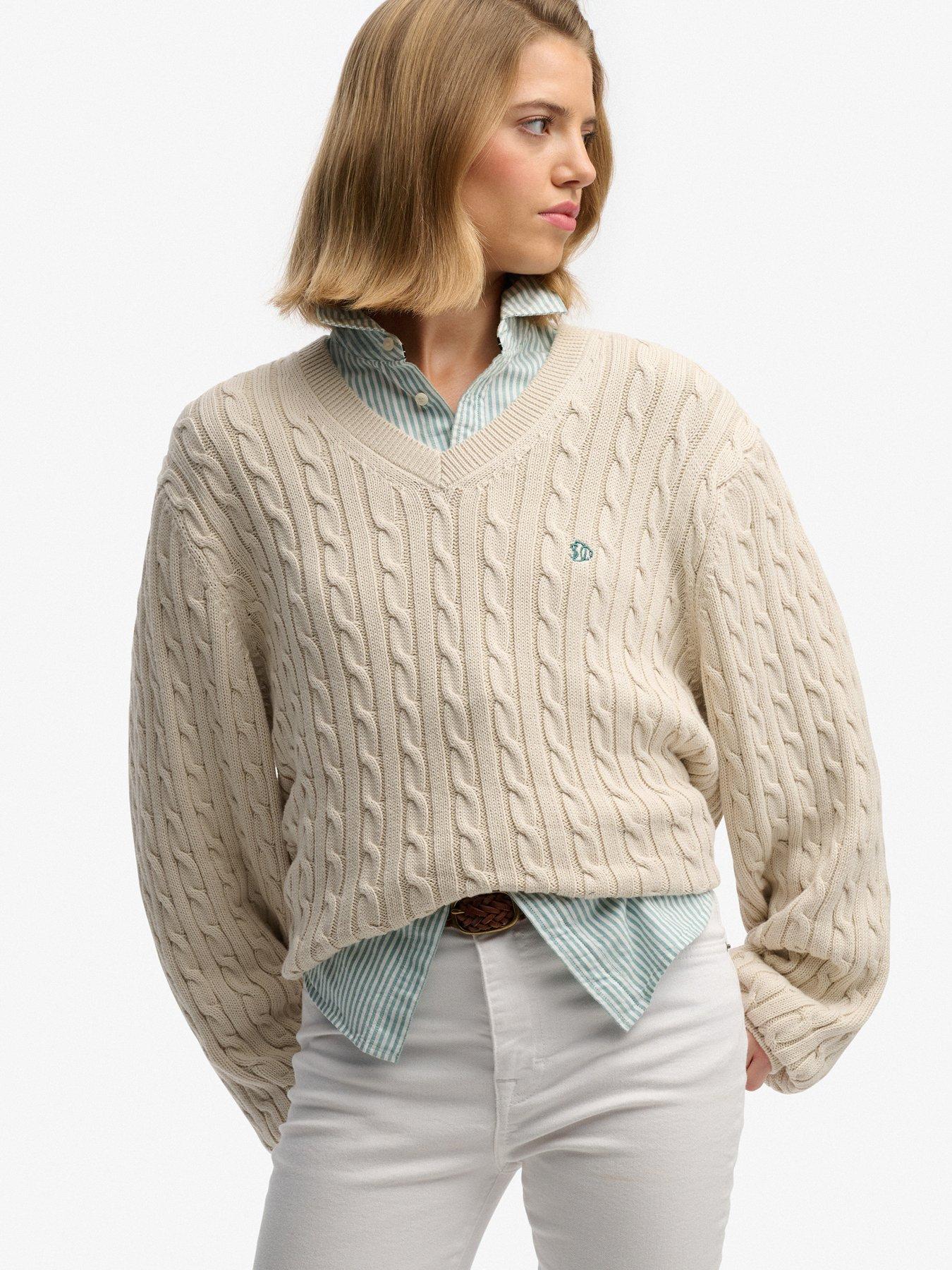 Image 5 of 5 of Superdry Oversized Cable V Neck Jumper - Beige