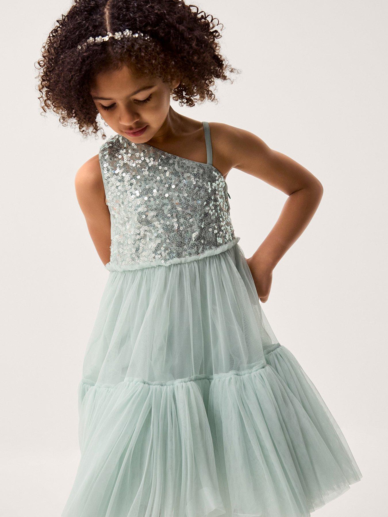Image 1 of 4 of Monsoon Girls Sequin 1 Shoulder Ruby Dress - Light Green