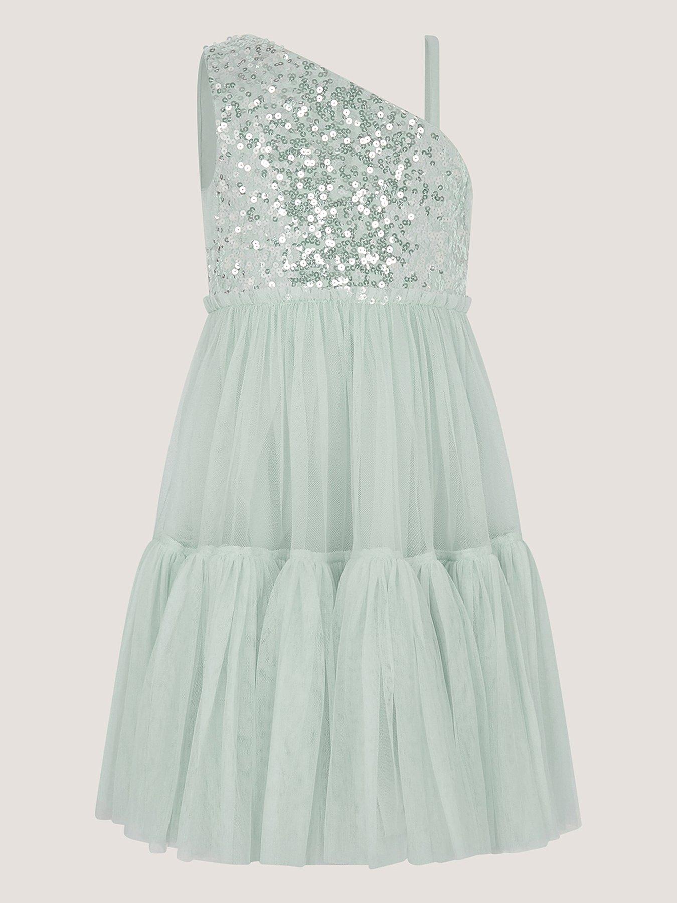 Image 2 of 4 of Monsoon Girls Sequin 1 Shoulder Ruby Dress - Light Green