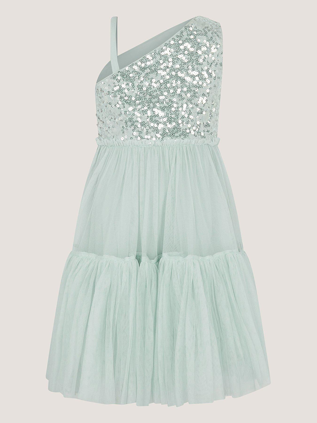 Image 3 of 4 of Monsoon Girls Sequin 1 Shoulder Ruby Dress - Light Green