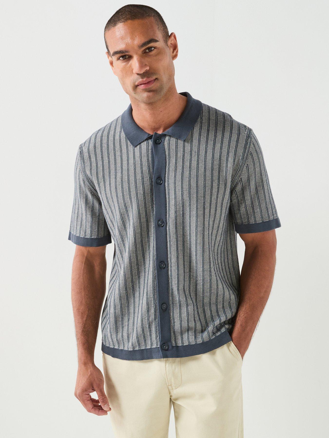 BOSS Kodd Striped Knitted Short Sleeve Shirt - Navy