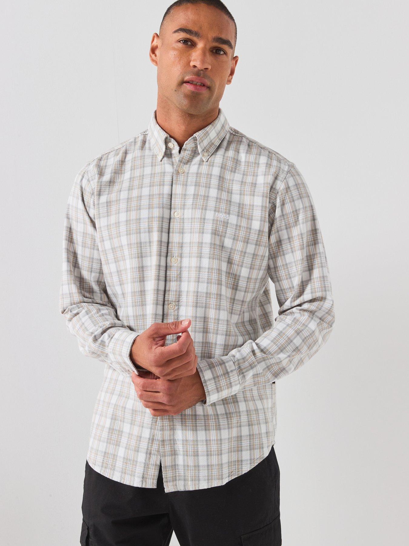 BOSS Button Down Regular Fit Check Shirt - White