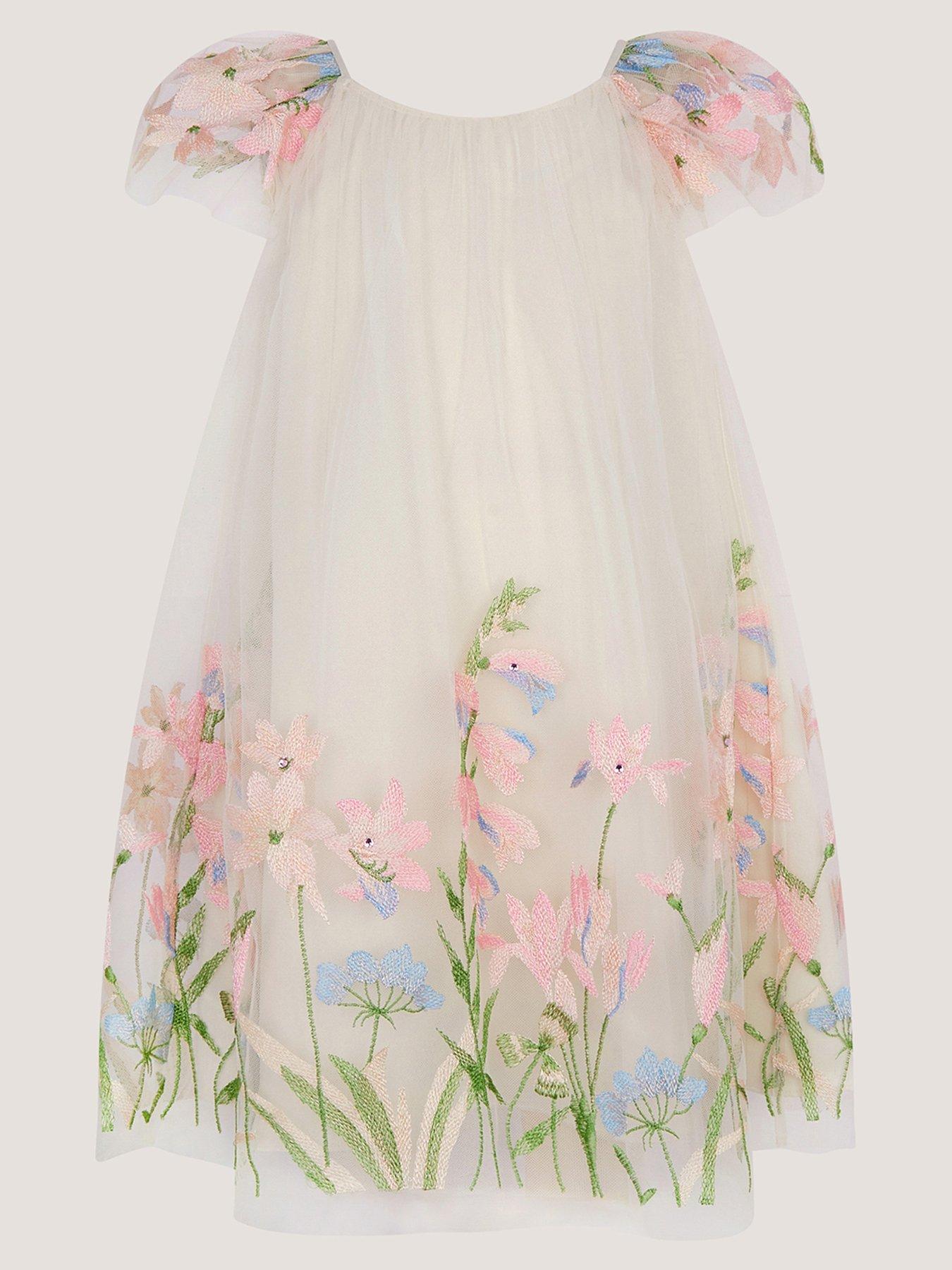 Monsoon Girls Bryony Embroidered Flower Dress - Light Cream