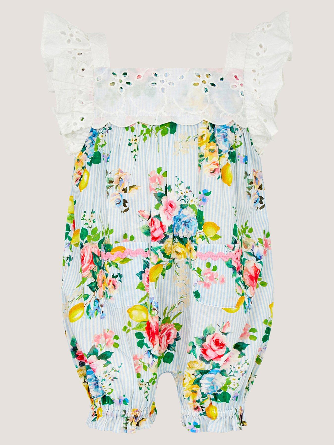 Monsoon Baby Girls Floral Broderie Romper - Blue