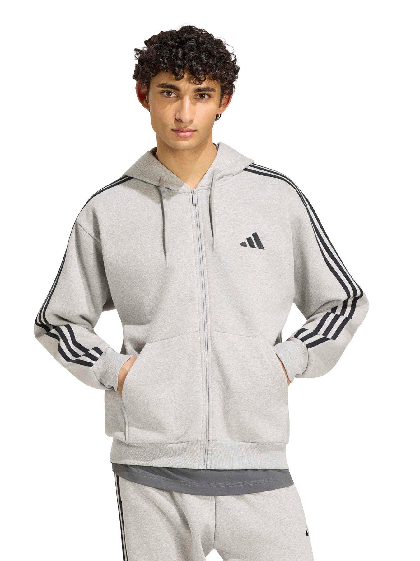 adidas Sportswear Mens 3 Stripe Fleece Full Zip Hoodie - Grey