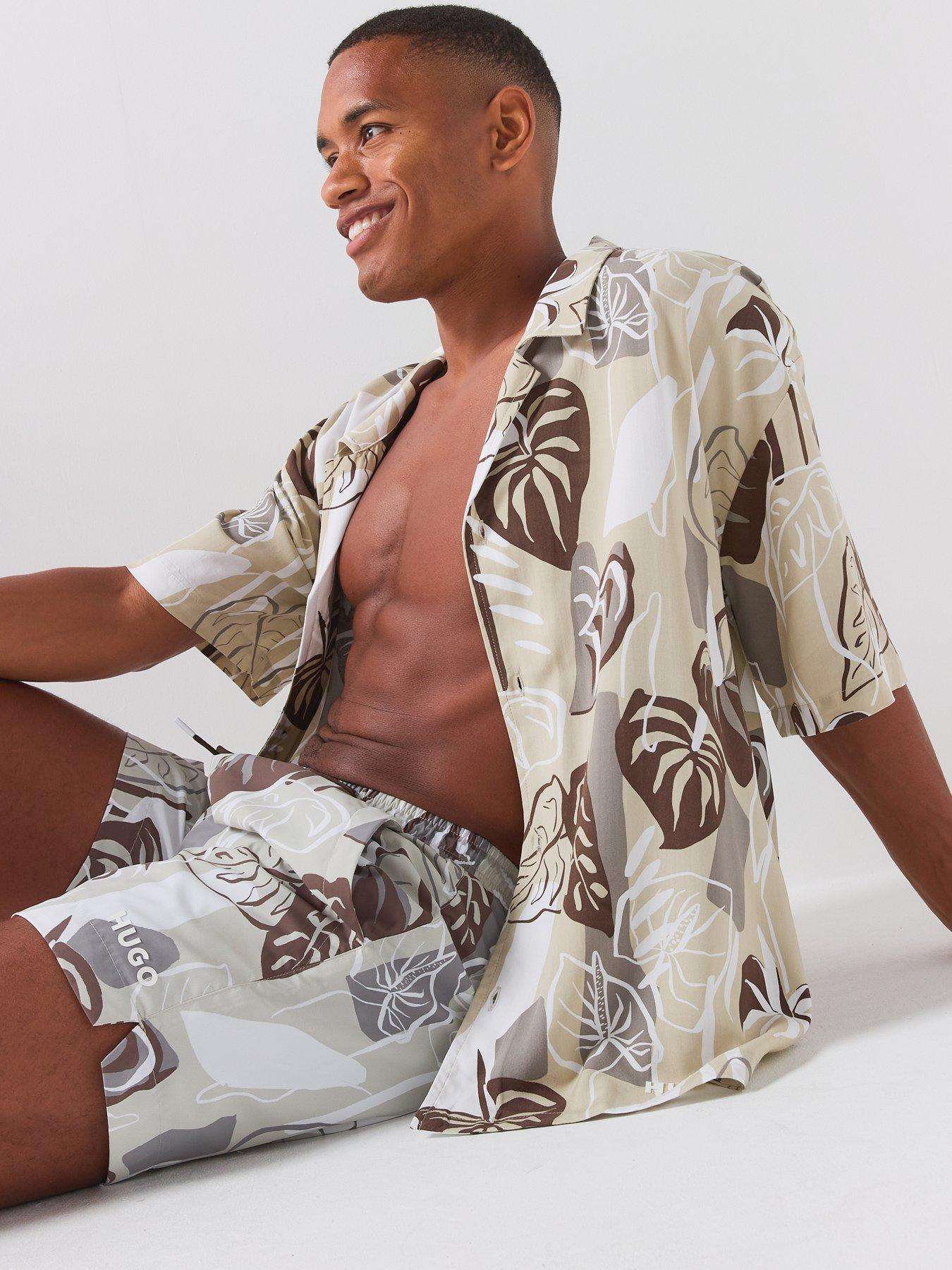 HUGO Tropical Print Swim Shorts - Cream