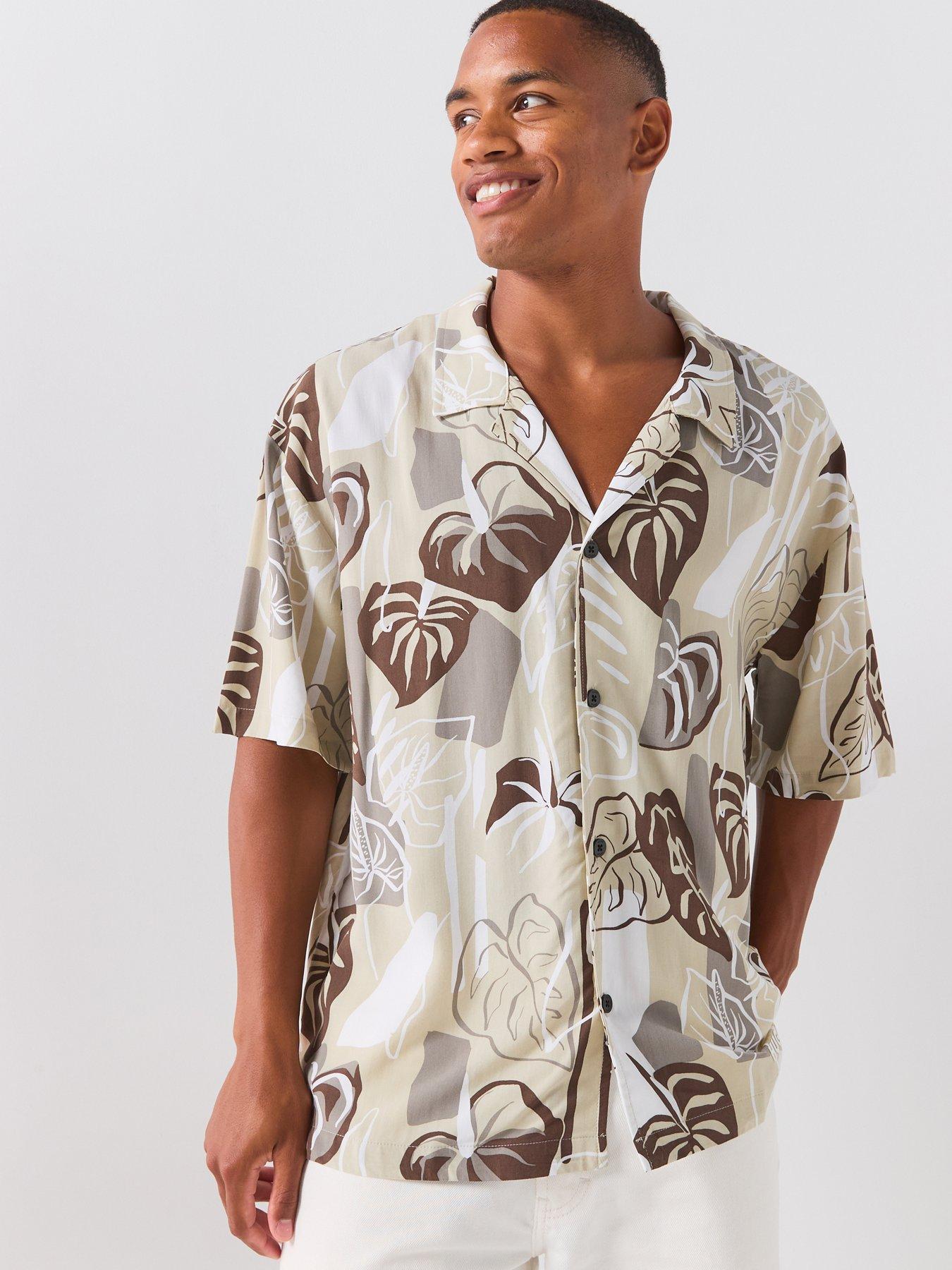 HUGO Floral Print Relaxed Fit Short Sleeve Shirt - Light Beige