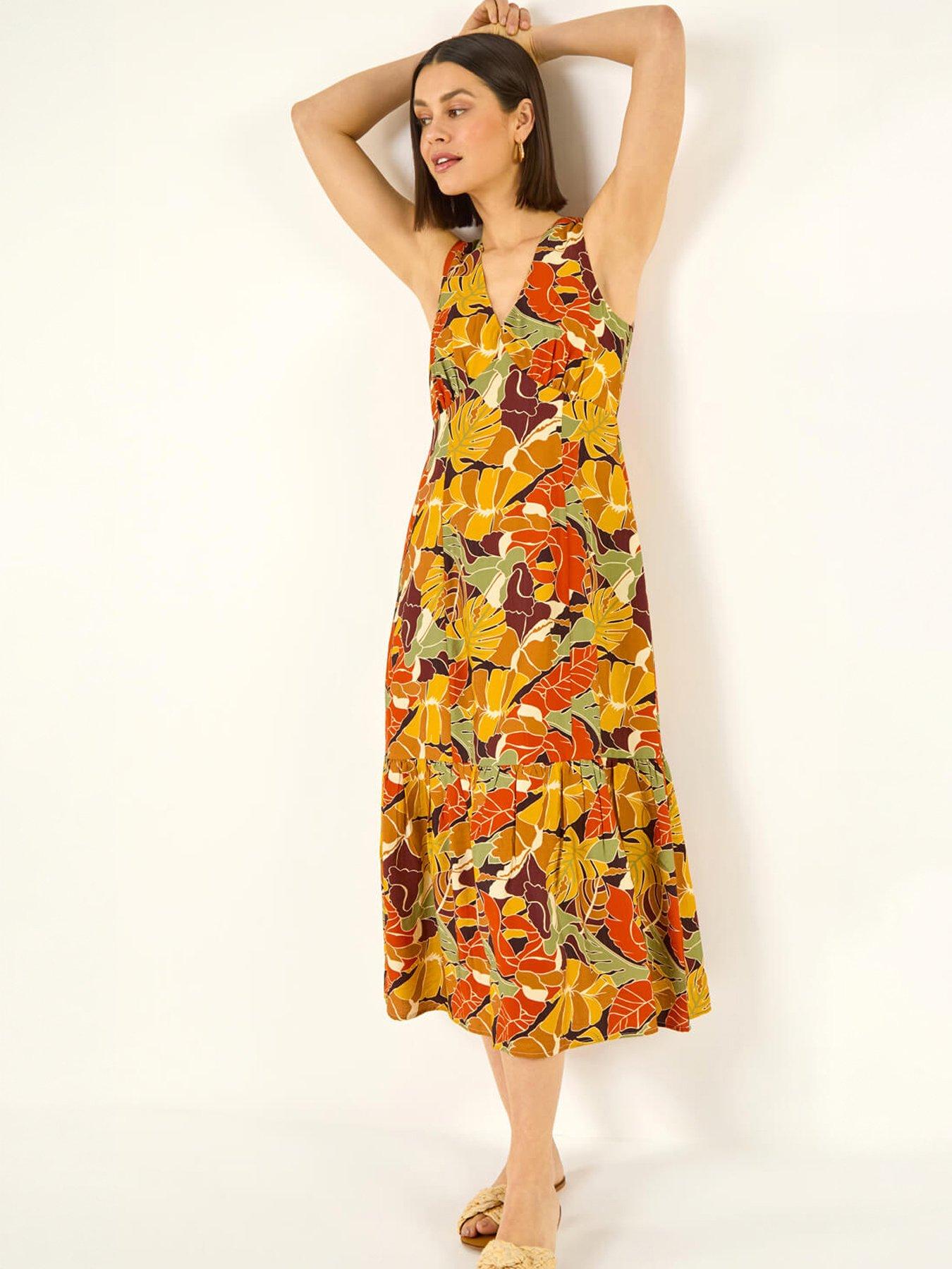 Image 1 of 5 of Roman Leaf Print Tiered Midi Dress