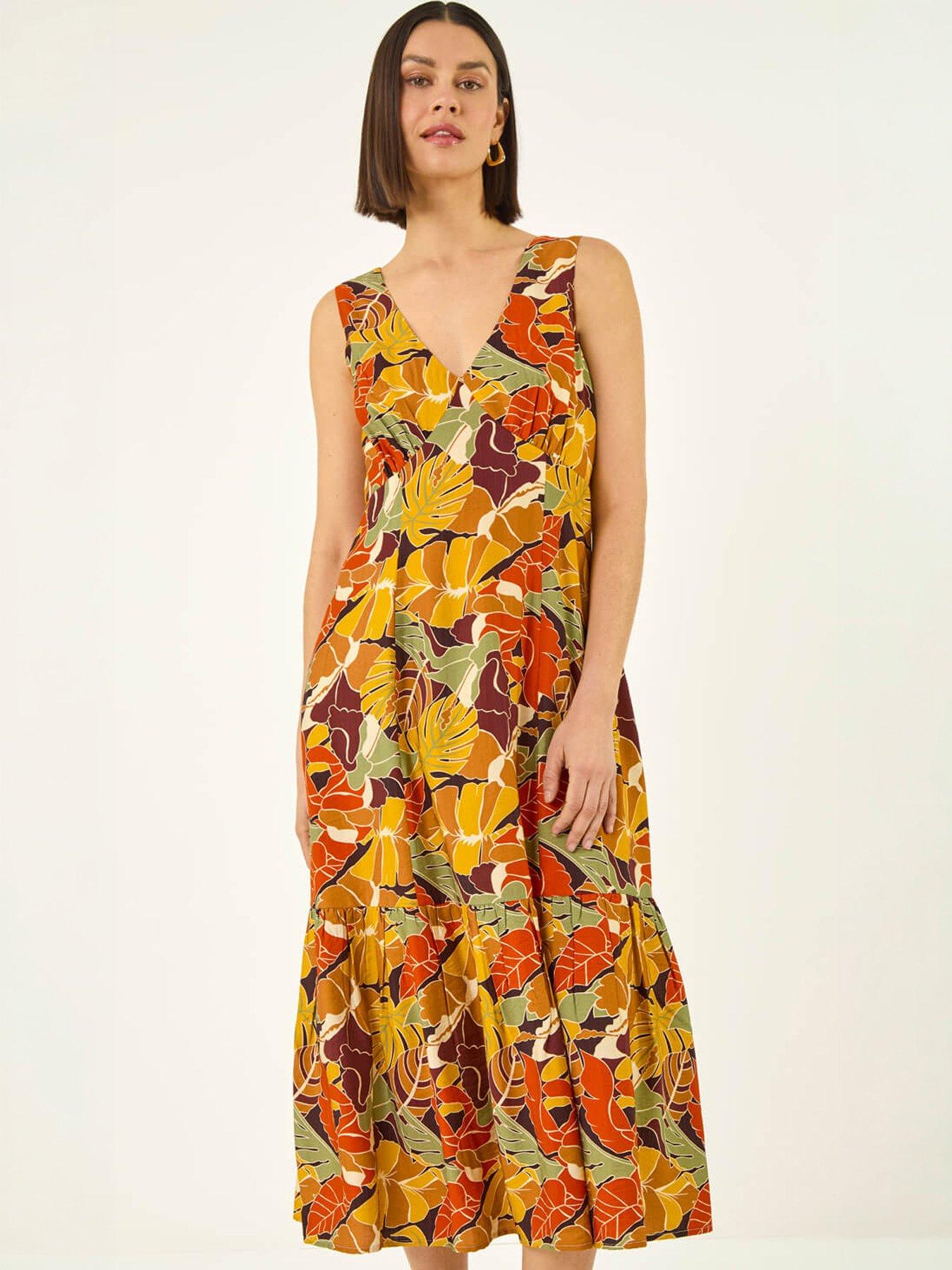 Image 5 of 5 of Roman Leaf Print Tiered Midi Dress