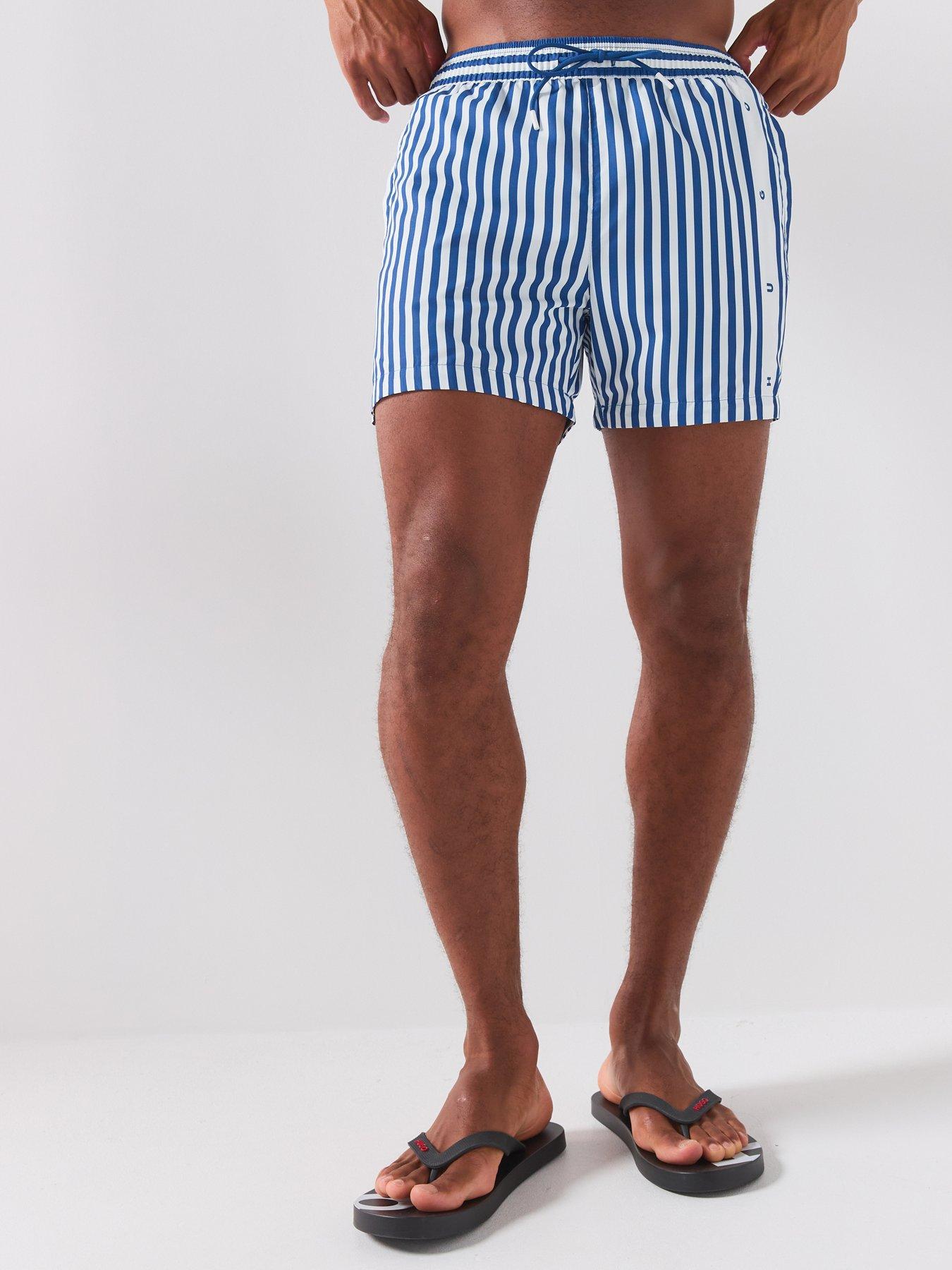 HUGO Striped Vertical Logo Swim Shorts - Blue